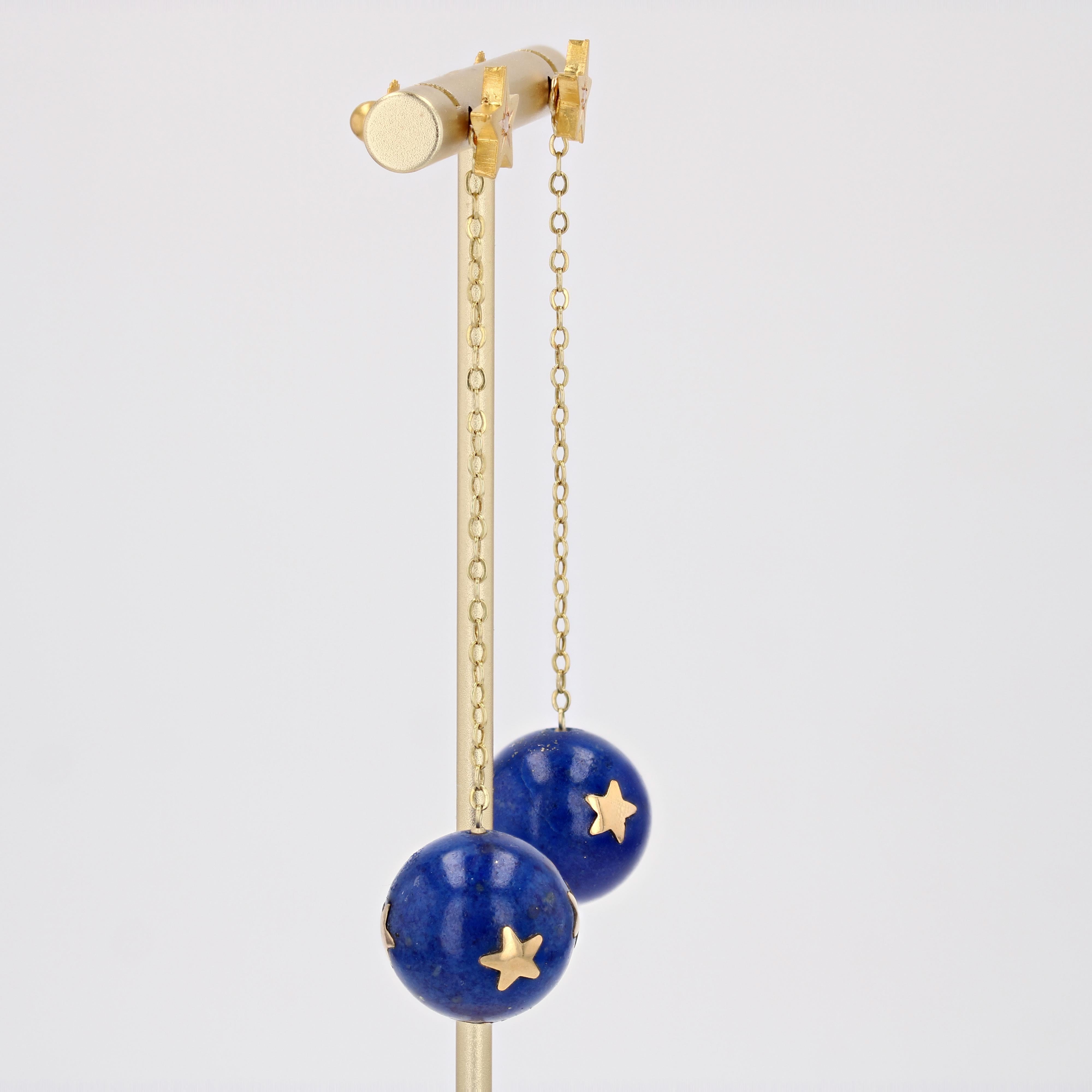 20th Century Lapis-Lazuli Ball Diamond 18 Karat Yellow Gold Dangle Star Earrings For Sale 4