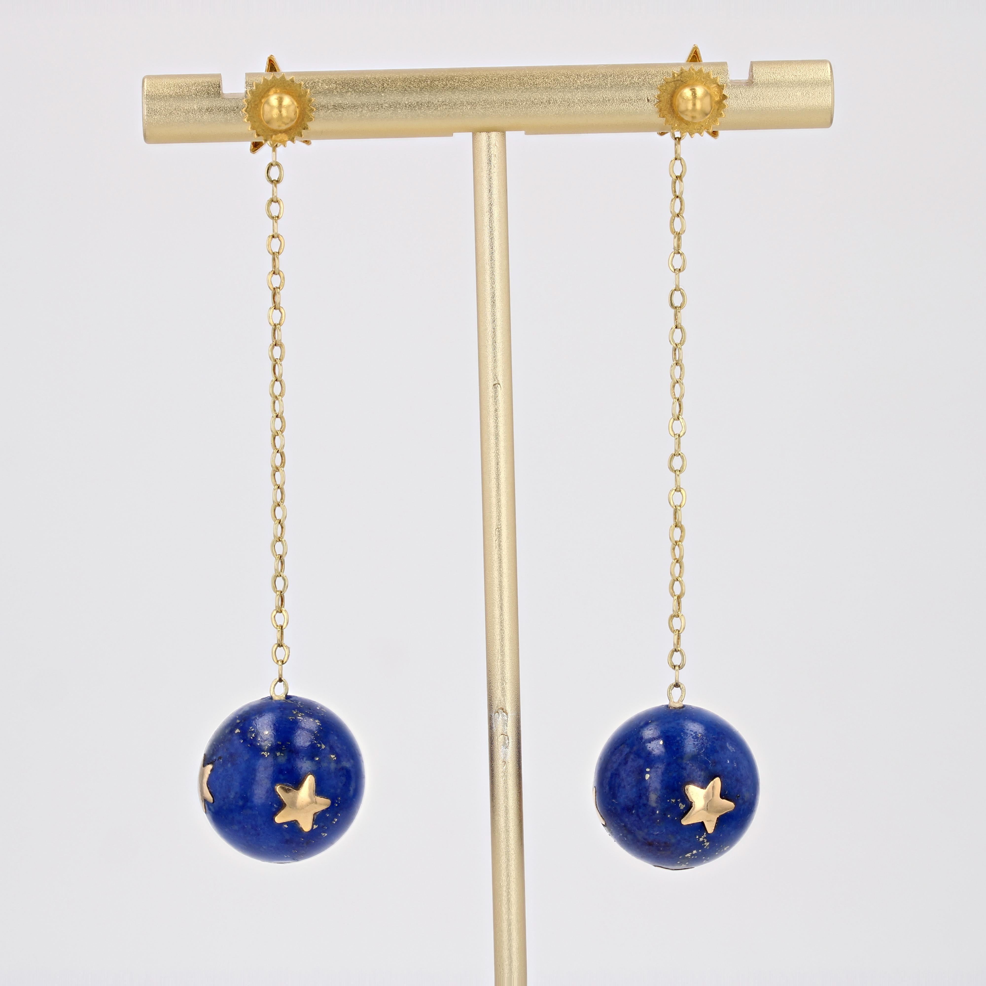 20th Century Lapis-Lazuli Ball Diamond 18 Karat Yellow Gold Dangle Star Earrings For Sale 6