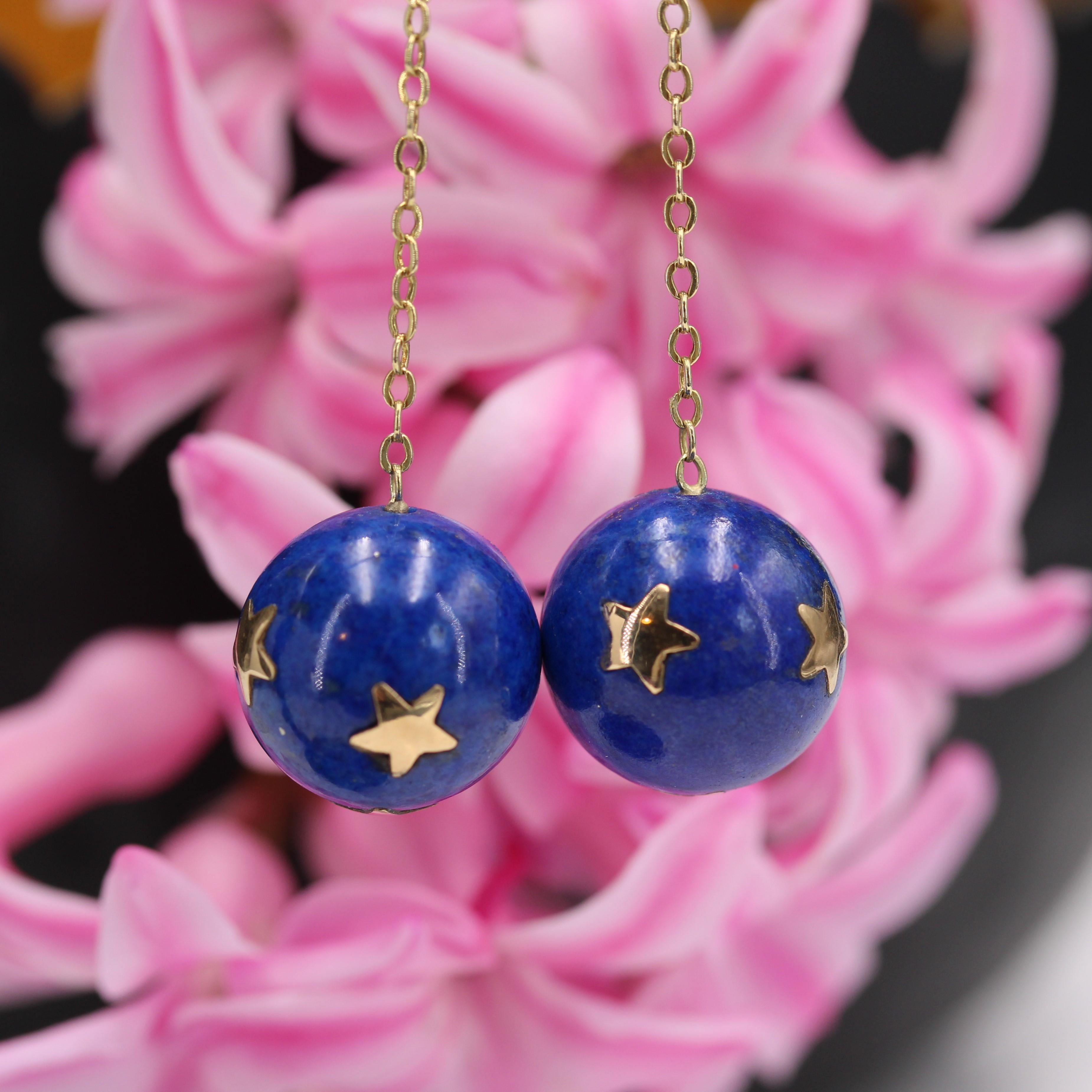 20th Century Lapis-Lazuli Ball Diamond 18 Karat Yellow Gold Dangle Star Earrings For Sale 7
