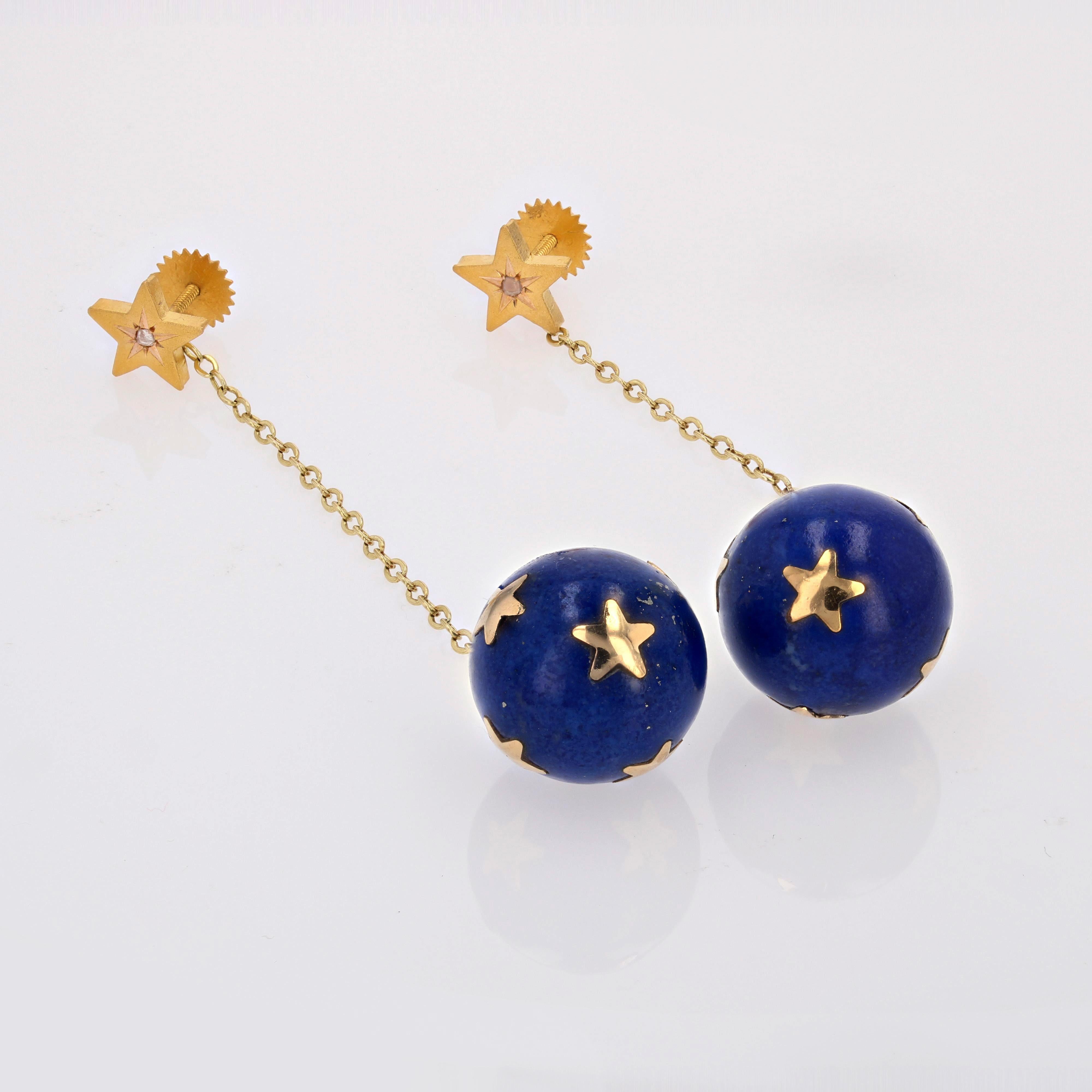 Rose Cut 20th Century Lapis-Lazuli Ball Diamond 18 Karat Yellow Gold Dangle Star Earrings For Sale