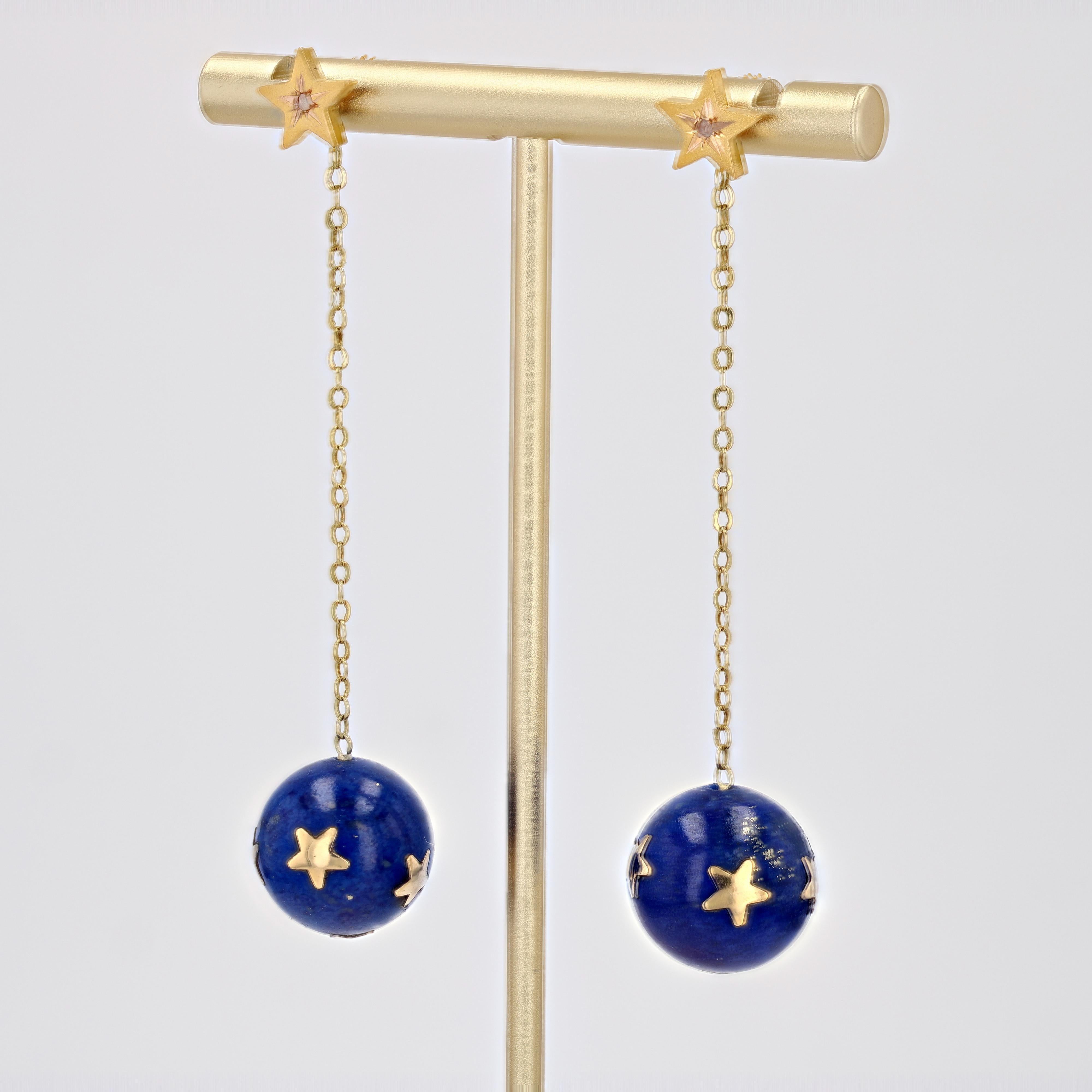 20th Century Lapis-Lazuli Ball Diamond 18 Karat Yellow Gold Dangle Star Earrings In Good Condition For Sale In Poitiers, FR