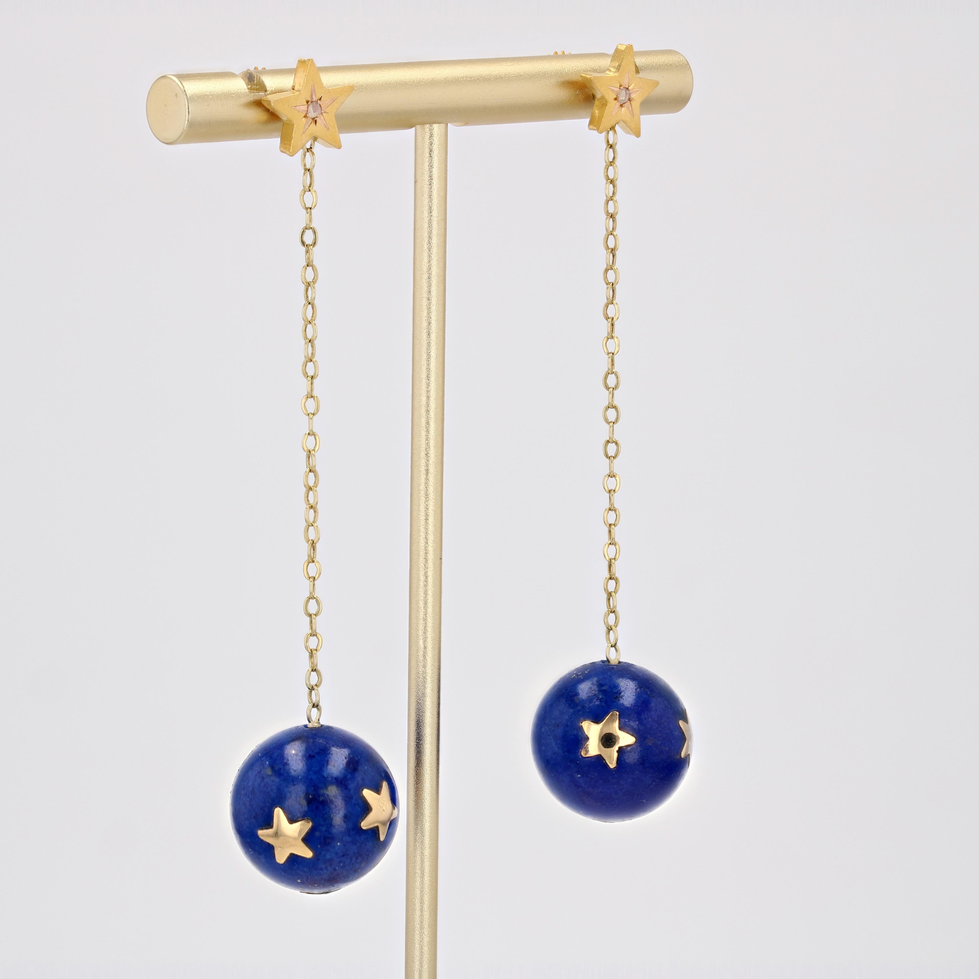 Women's 20th Century Lapis-Lazuli Ball Diamond 18 Karat Yellow Gold Dangle Star Earrings For Sale