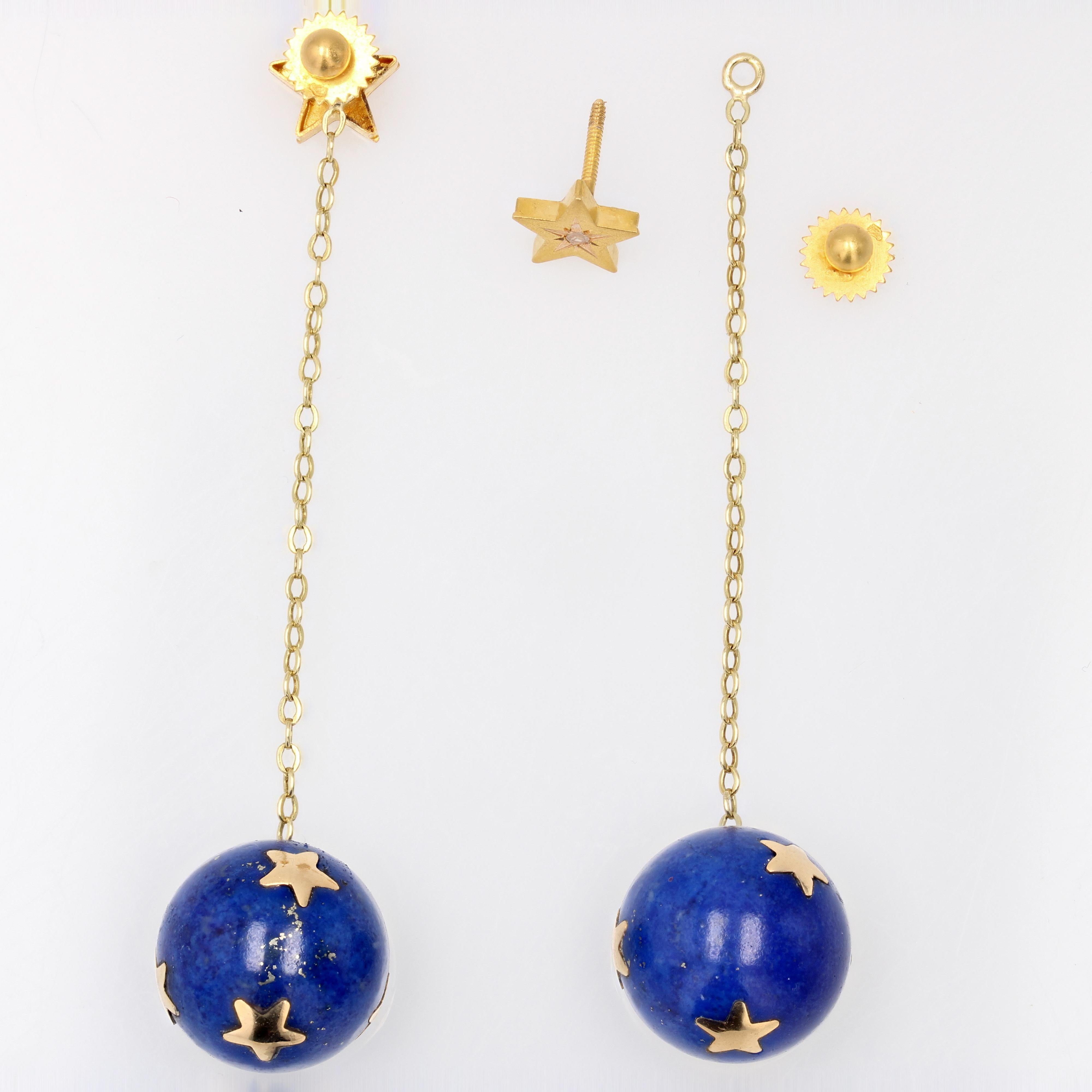 20th Century Lapis-Lazuli Ball Diamond 18 Karat Yellow Gold Dangle Star Earrings For Sale 2