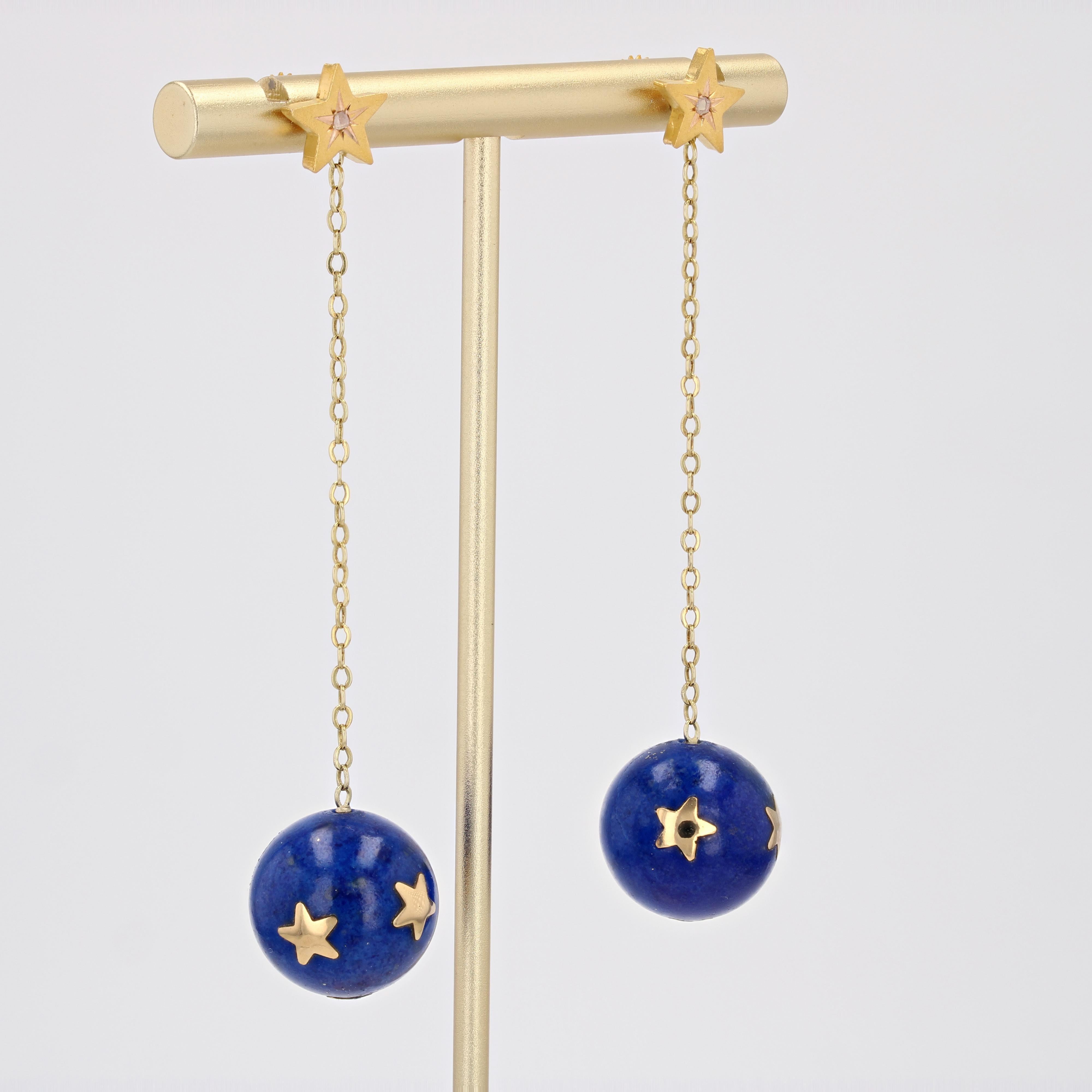 20th Century Lapis-Lazuli Ball Diamond 18 Karat Yellow Gold Dangle Star Earrings For Sale 3