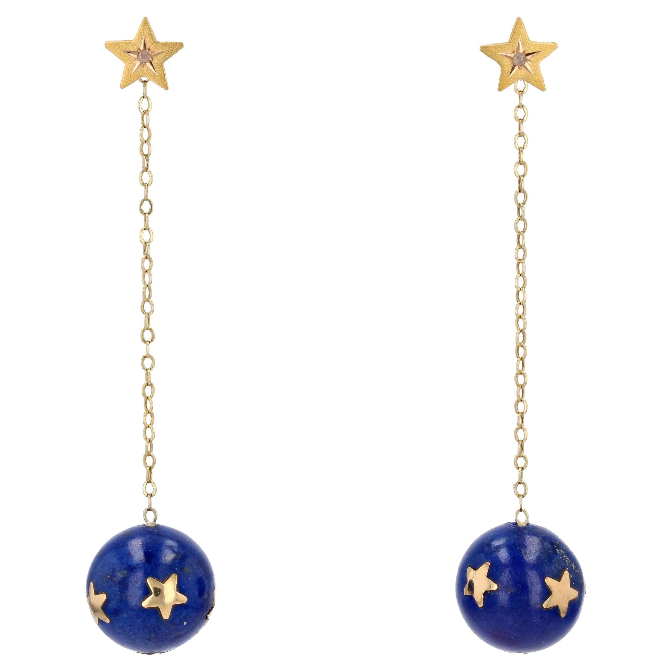 20th Century Lapis-Lazuli Ball Diamond 18 Karat Yellow Gold Dangle Star Earrings For Sale