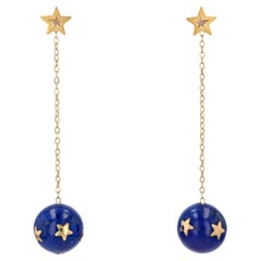 Vintage 20th Century Lapis-Lazuli Ball Diamond 18 Karat Yellow Gold Dangle Star Earrings