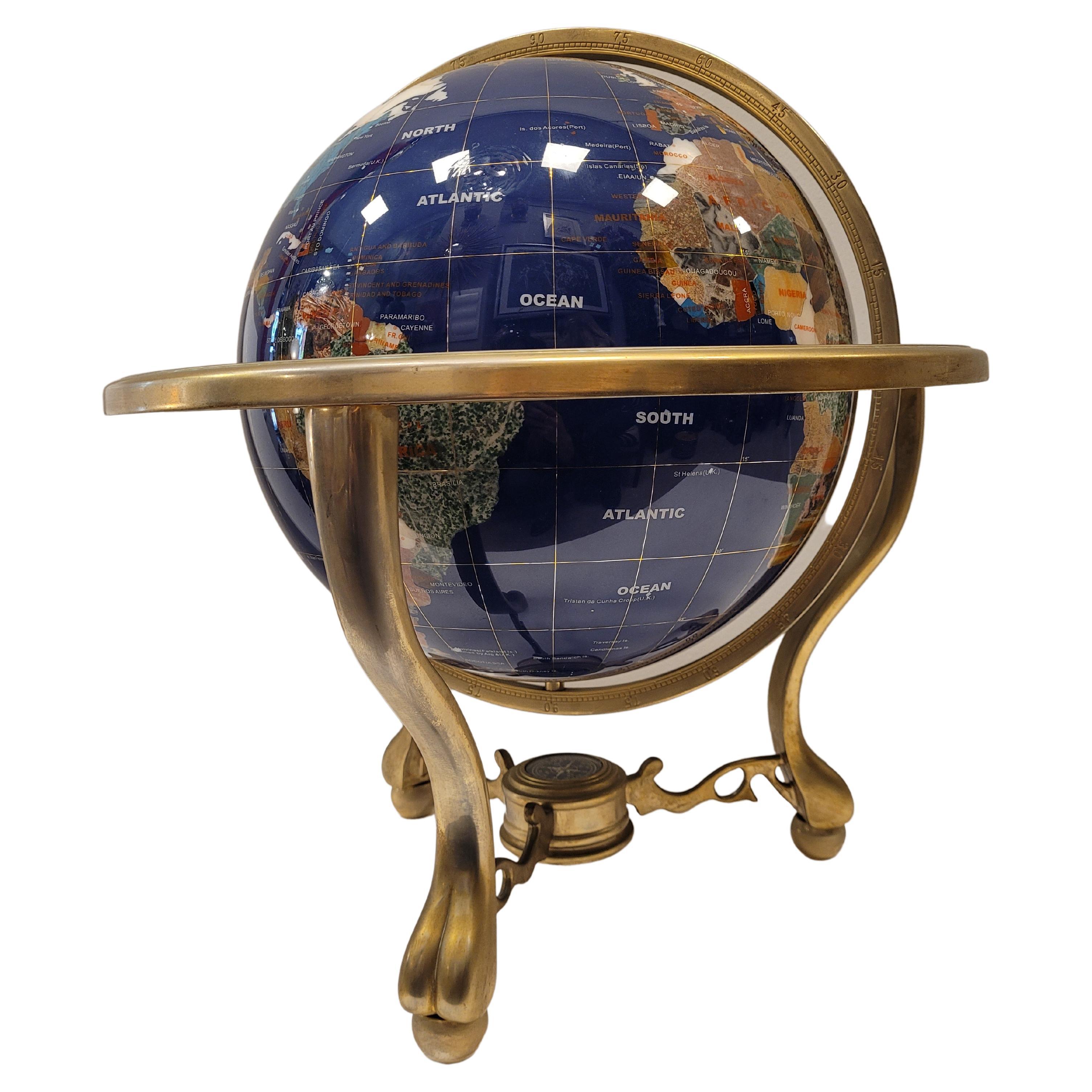 20th Century Lapis Lazuli Earth Globe, Marquetry in Precious Stones