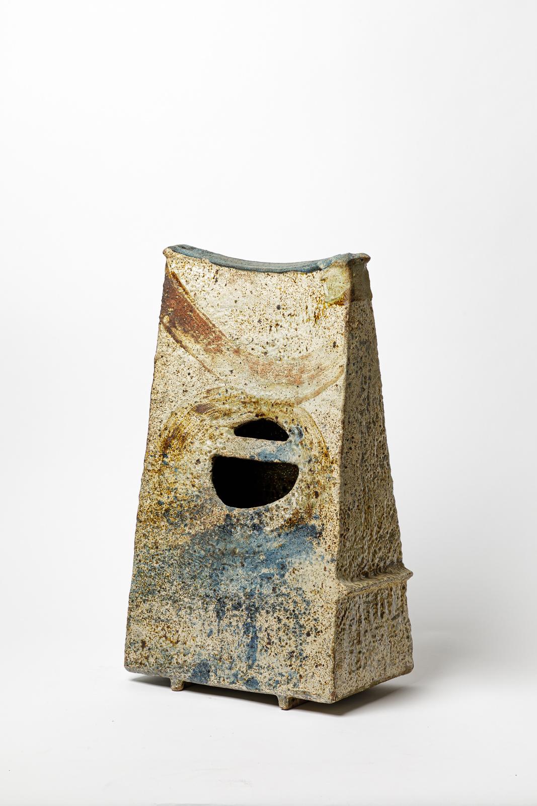 Mid-Century Modern 20th century Large abstract stoneware ceramic vase by Michel Delmotte 1969 For Sale