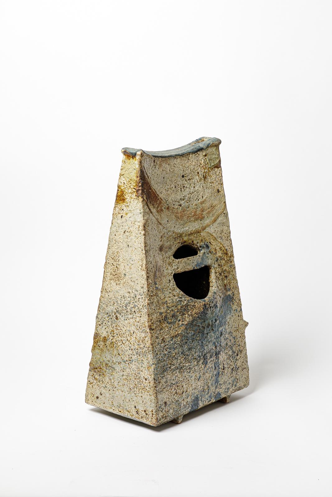 20th Century 20th century Large abstract stoneware ceramic vase by Michel Delmotte 1969 For Sale