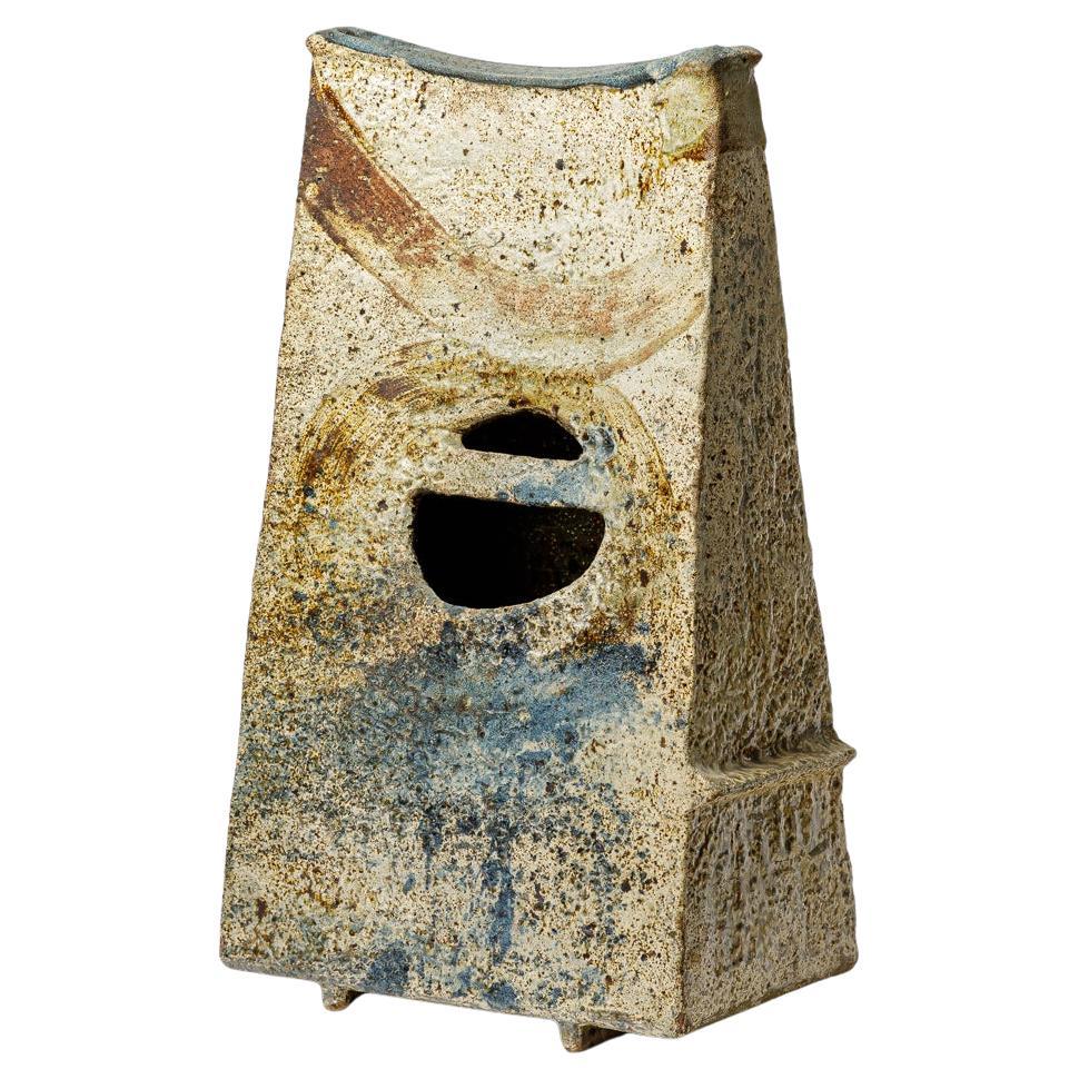 20th century Large abstract stoneware ceramic vase by Michel Delmotte 1969