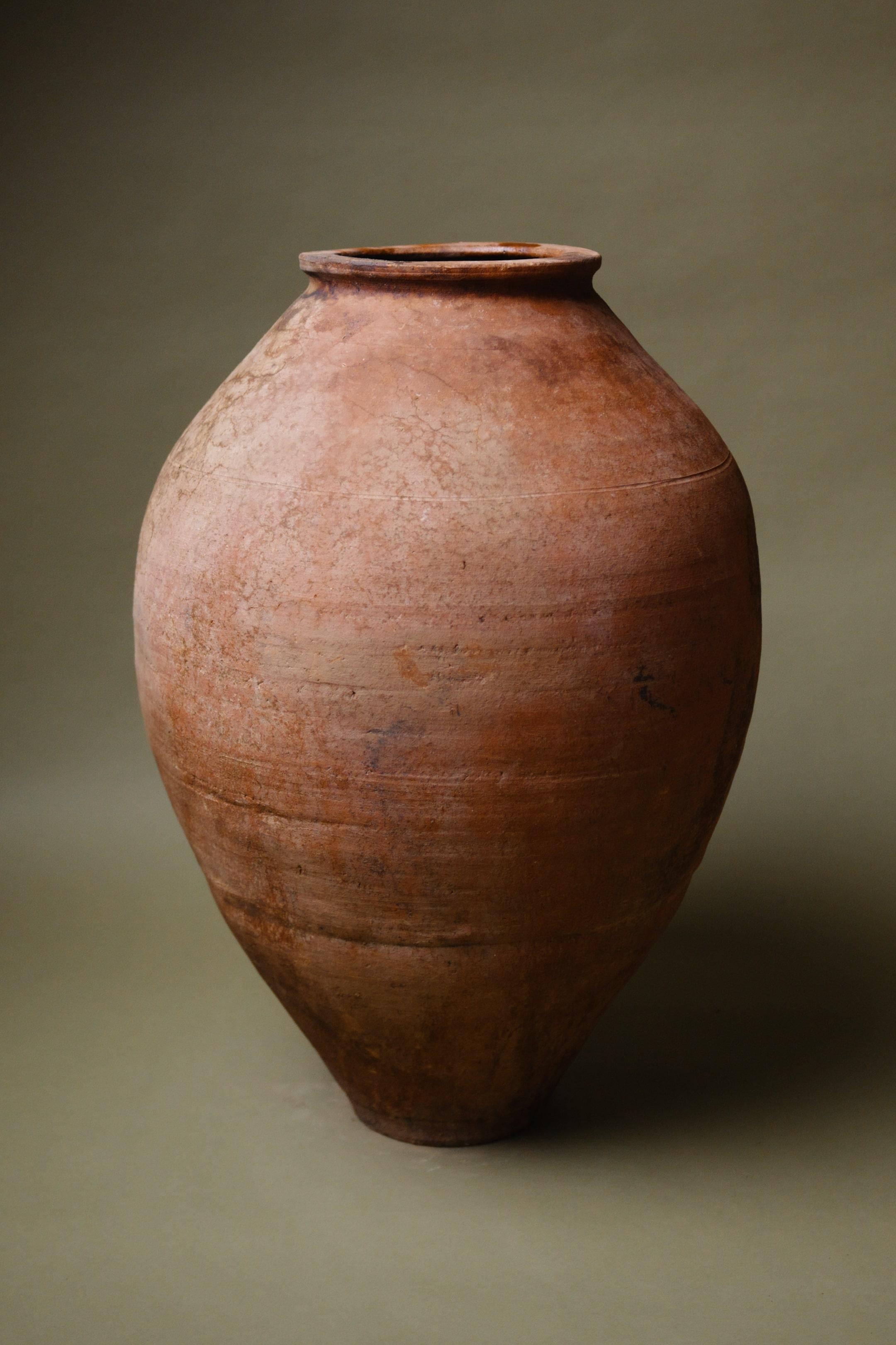Esta tinaja de terracota de Anatolia del siglo XX es un sorprendente ejemplo de la cerámica tradicional turca. Su forma expansiva y su superficie sin vidriar reflejan la hábil artesanía de la Anatolia rural, donde tales vasijas formaban parte