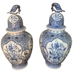 20th Century Large Antique Delft Style Pair of White and Blue Vases, 1920s