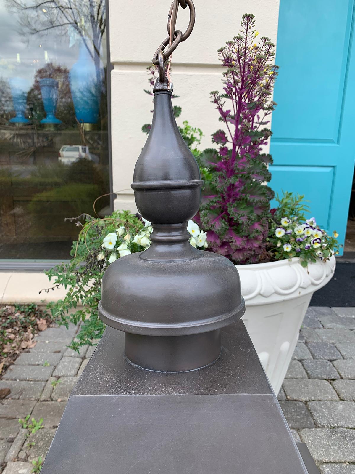 20th Century Large Brass Four-Light Lantern, Old Glass 4