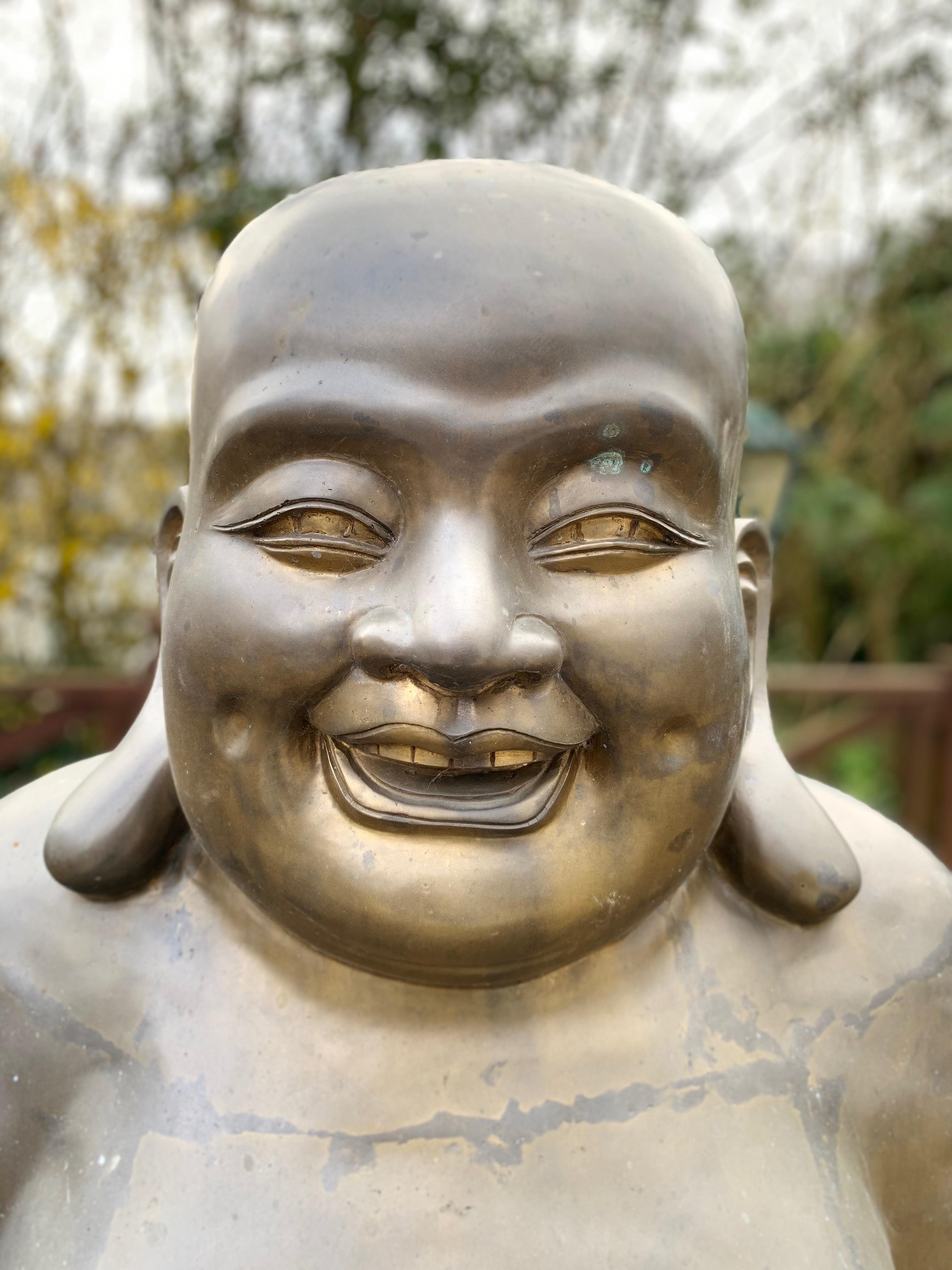 Cast 20th Century Large Bronze Laughing Budai, Italian Bronze Garden Ornament For Sale