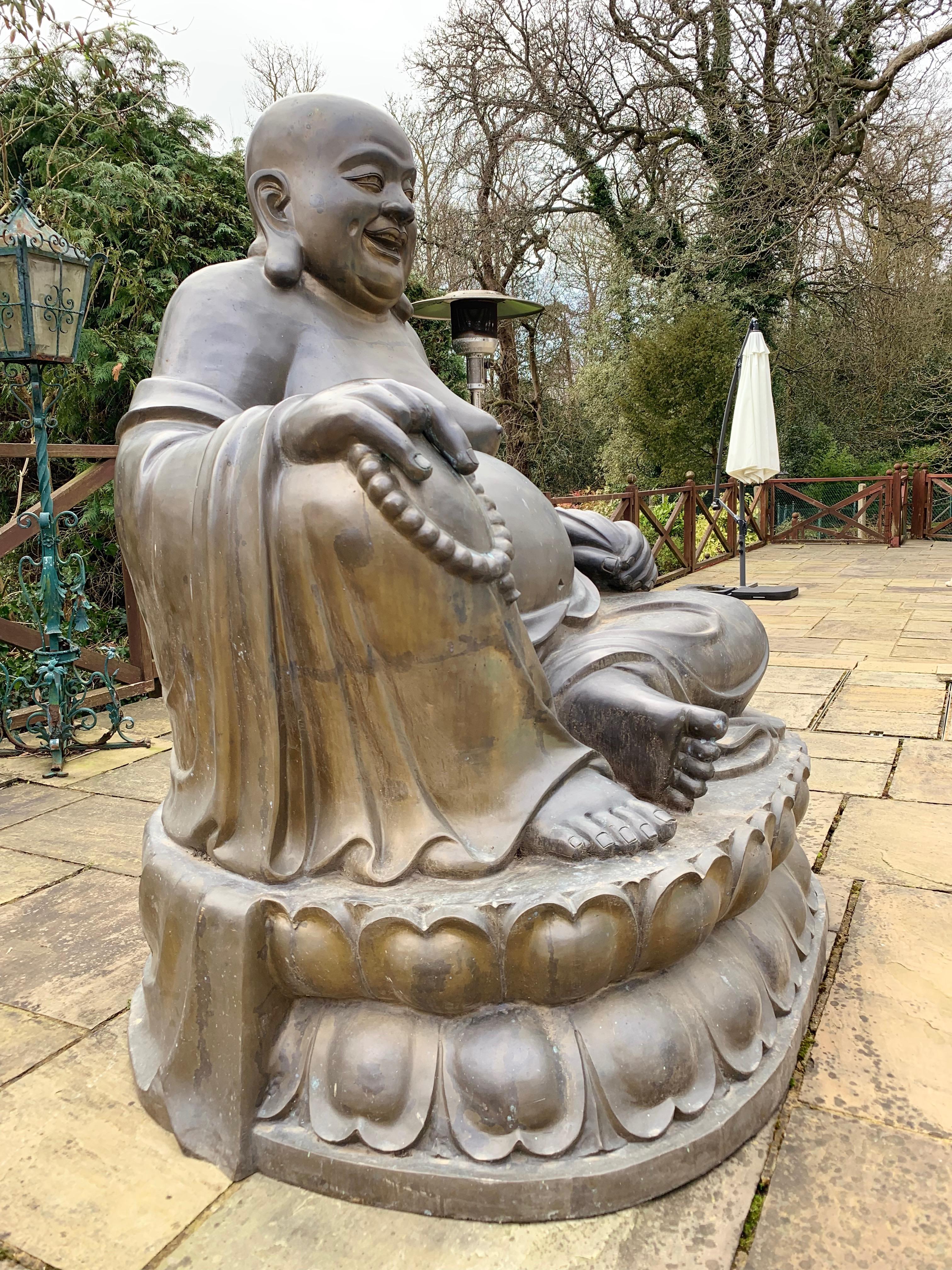 20th Century Large Bronze Laughing Budai, Italian Bronze Garden Ornament In Good Condition For Sale In London, GB