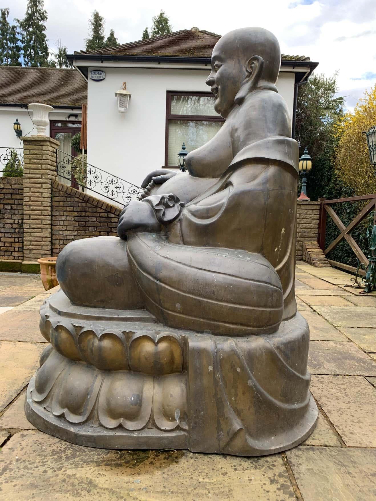 20th Century Large Bronze Laughing Budai, Italian Bronze Garden Ornament For Sale 4