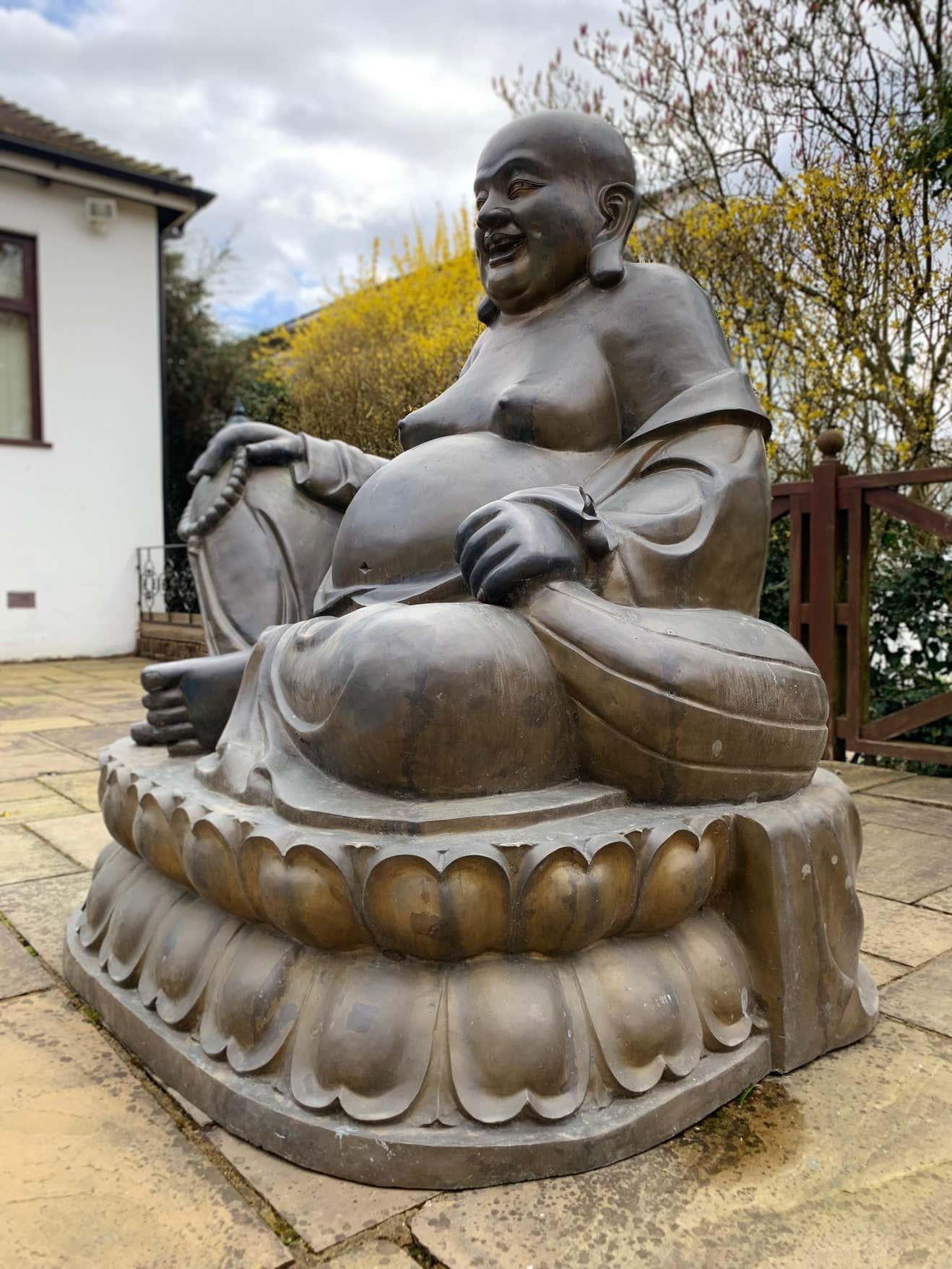 20th Century Large Bronze Laughing Budai, Italian Bronze Garden Ornament In Good Condition For Sale In Southall, GB