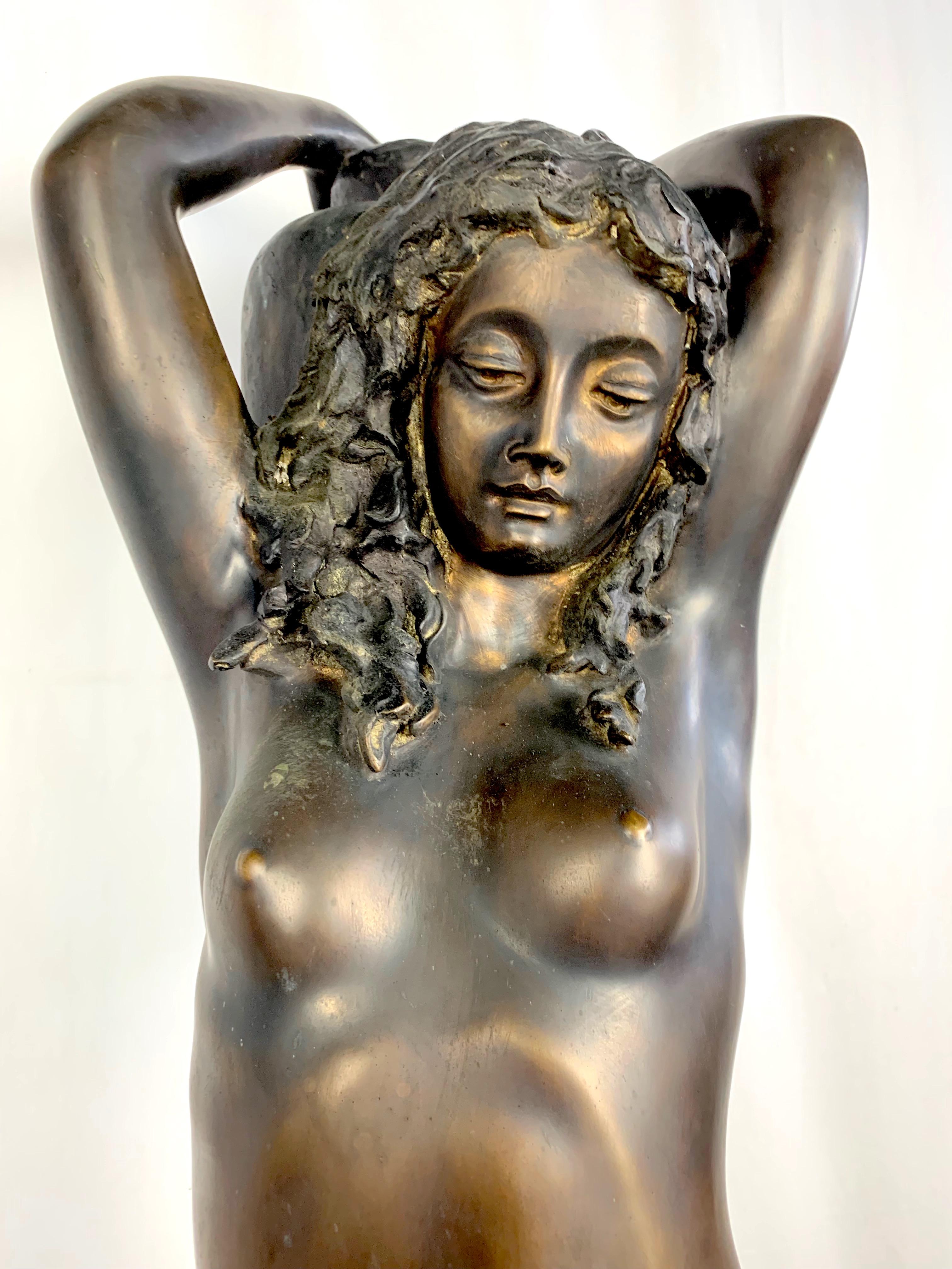 French 20th Century Large Bronze Sculpture of a Nude Young Lady Carrying a Water Urn For Sale