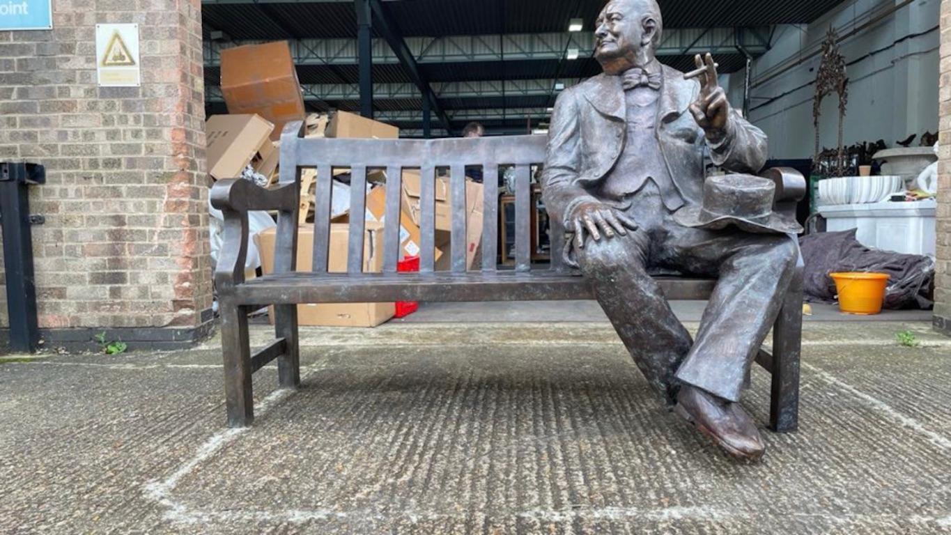 English 20th Century Large Bronze Winston Churchill on a Bench