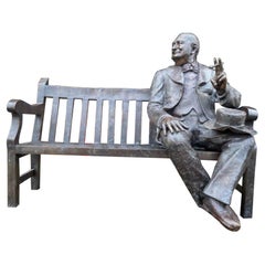 20th Century Large Bronze Winston Churchill on a Bench