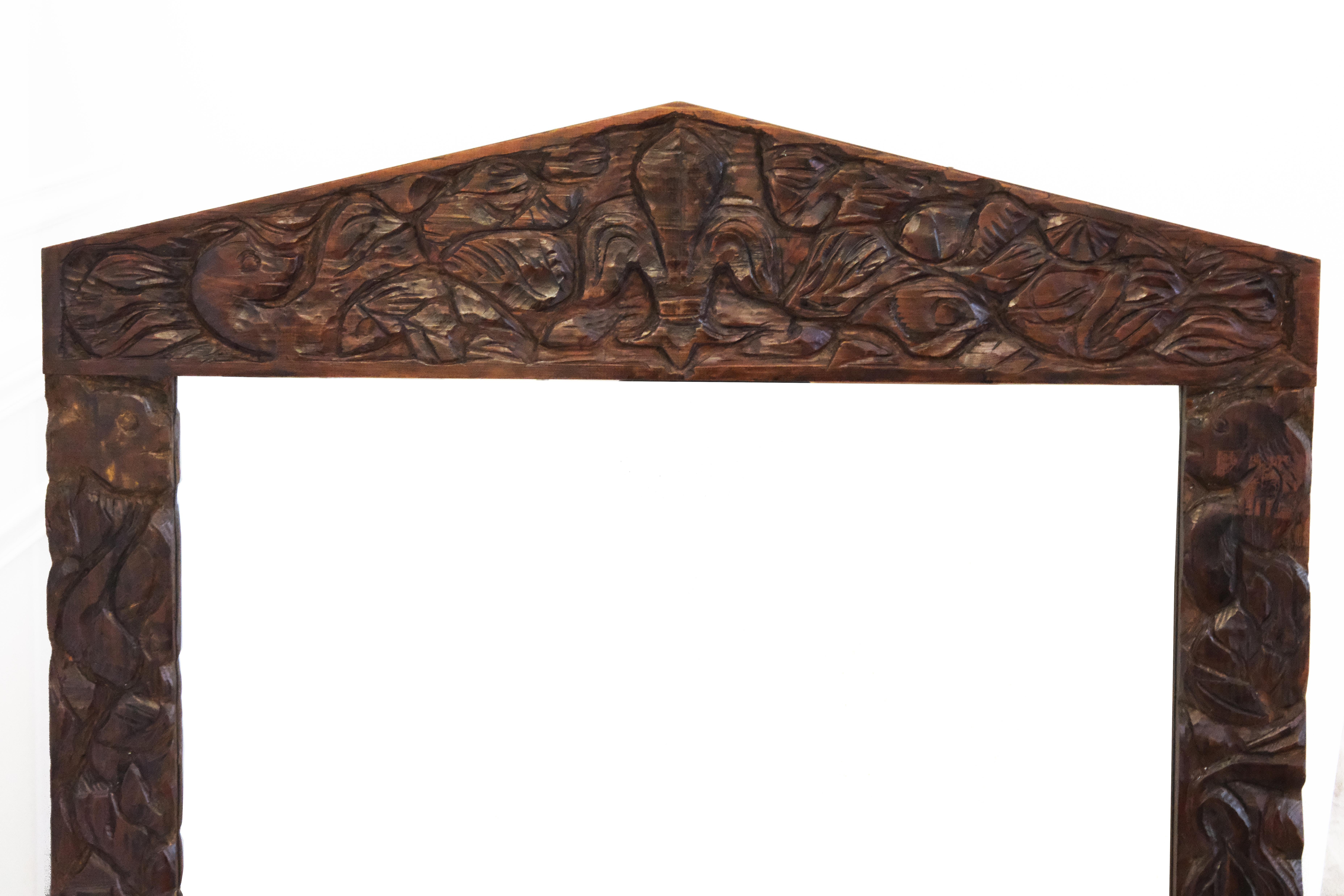 French Provincial 20th Century Large Brown Hand-Carved Wooden Mirror with Organic Motif For Sale
