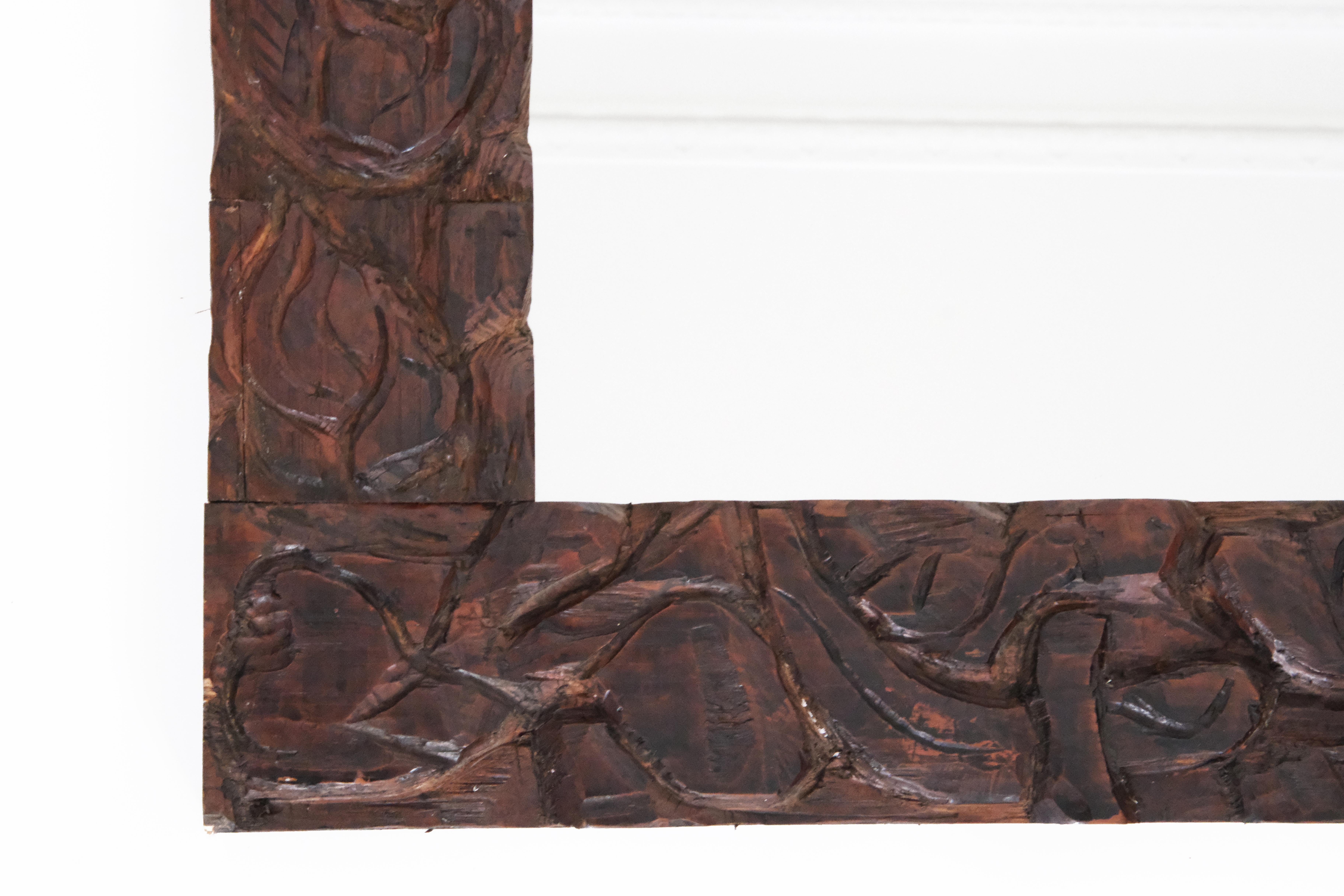 20th Century Large Brown Hand-Carved Wooden Mirror with Organic Motif In Good Condition For Sale In London, GB