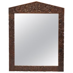20th Century Large Brown Hand-Carved Wooden Mirror with Organic Motif