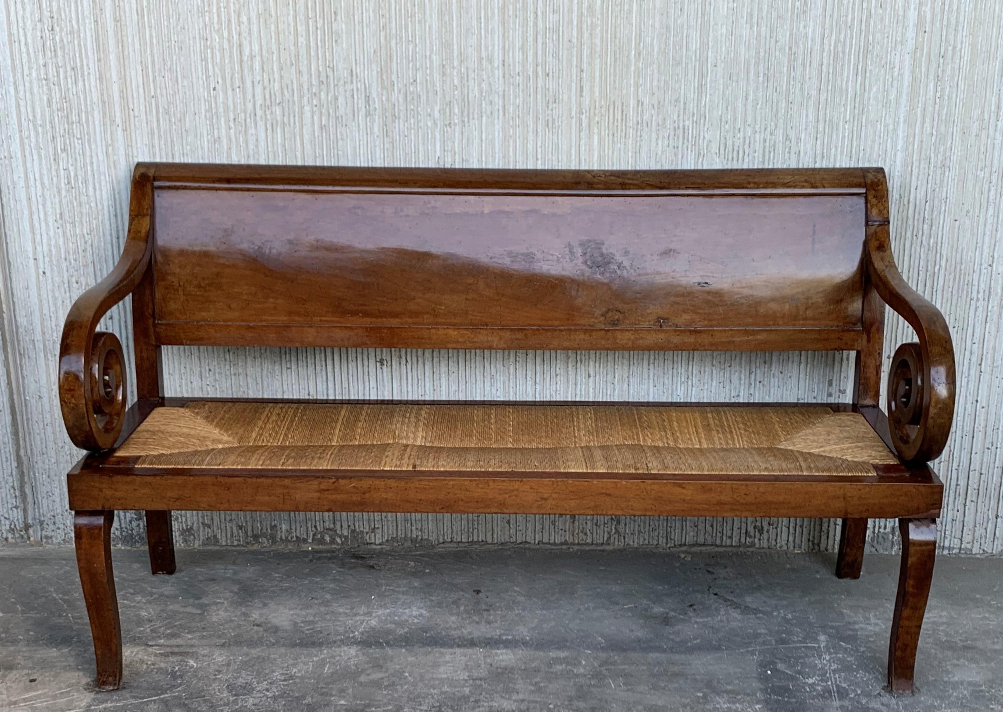 Spanish 19th Century Large Catalan Bench in Walnut with Caned Seat