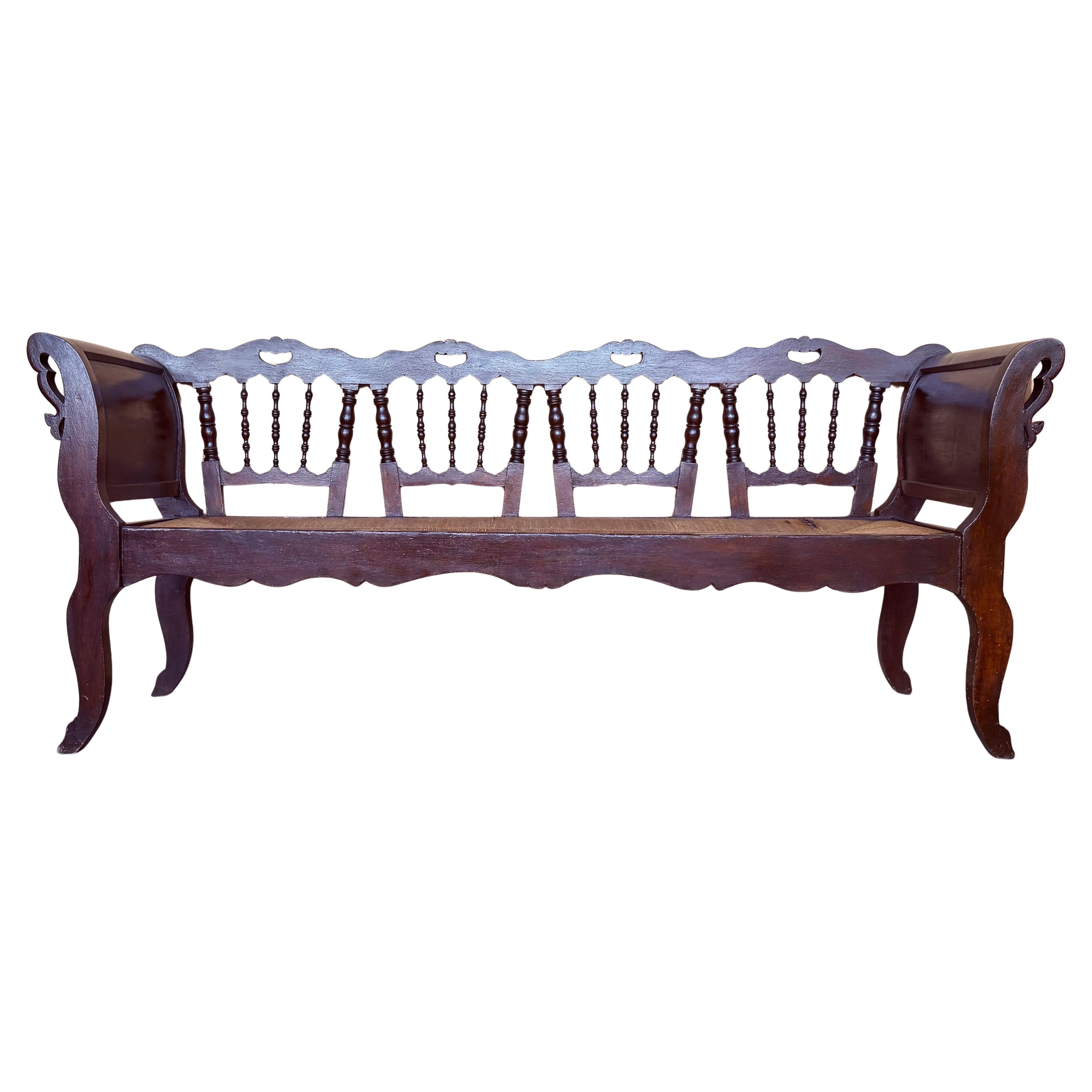 20th Century Large Catalan Bench in Walnut with Caned Seat