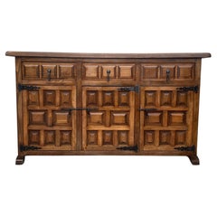 20th Century Large Catalan Spanish Baroque Carved Walnut Cabinet with Three Door
