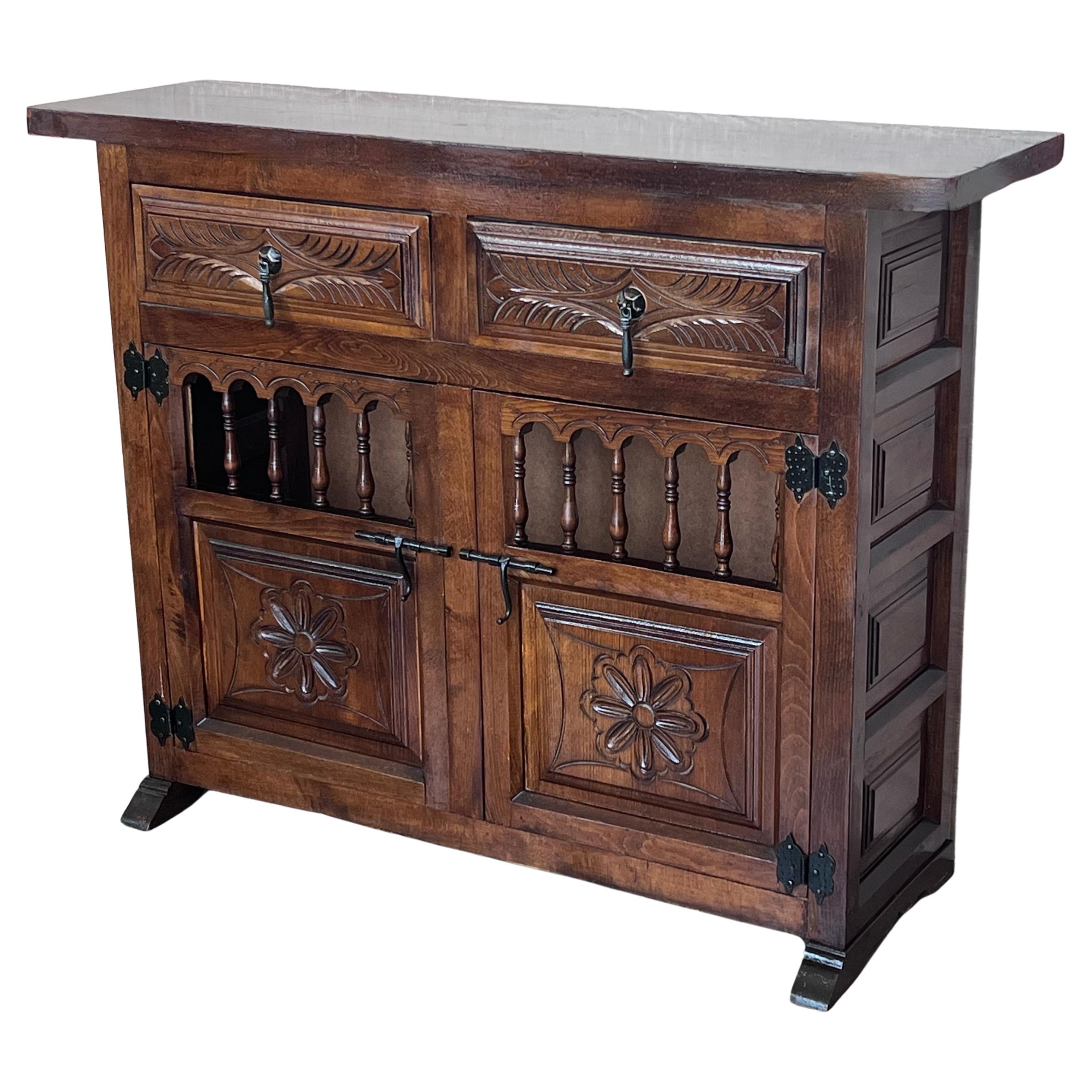 20th Century Large Catalan Spanish Baroque Carved Walnut Credenza or Buffet For Sale
