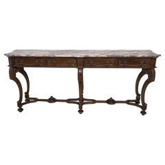 20th Century Large Console Table with Four Drawers Walnut Inlays and Marble Top