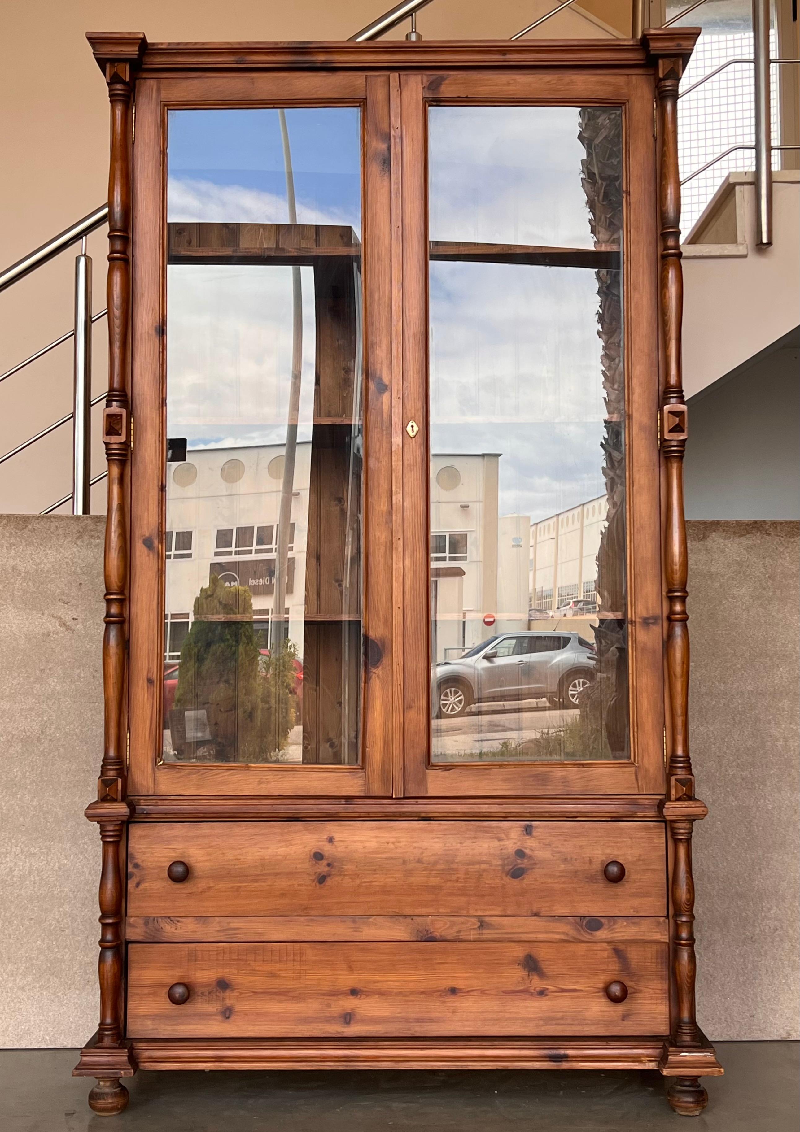 Spanish Colonial 20th Century Large Cupboard or Bookcase with Glass Vitrine, Pine, Spain Restored For Sale