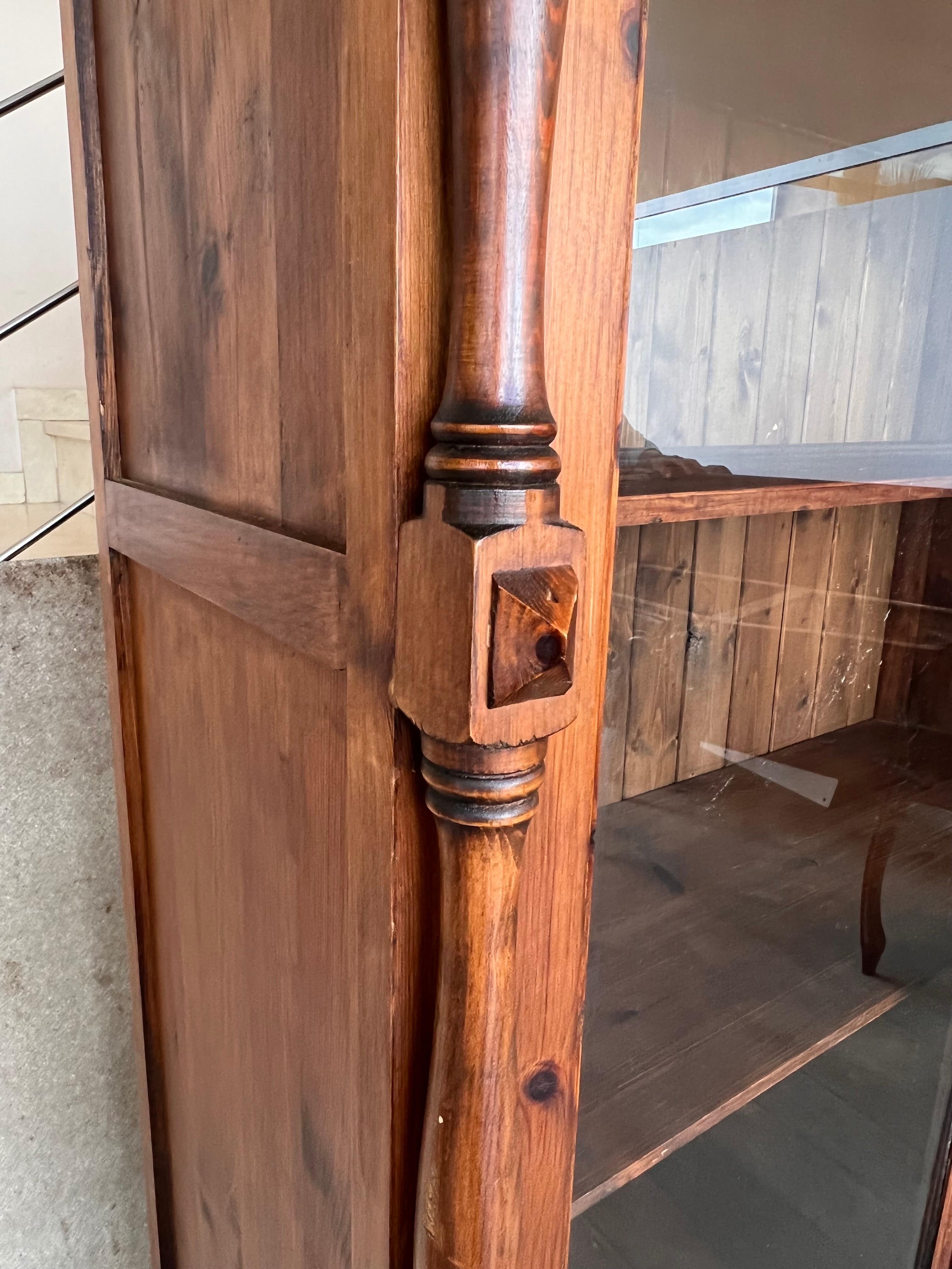 Walnut 20th Century Large Cupboard or Bookcase with Glass Vitrine, Pine, Spain Restored For Sale