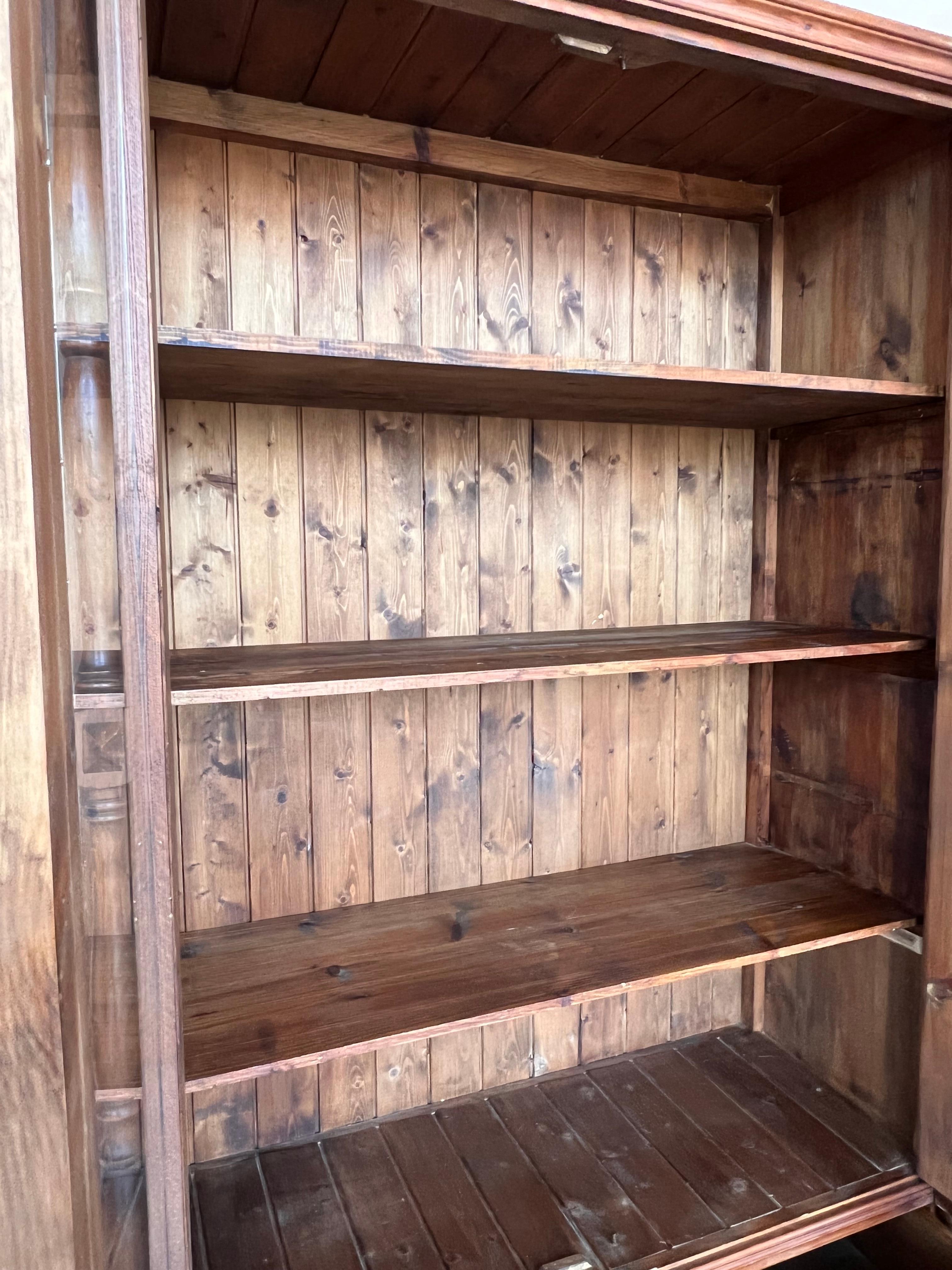 20th Century Large Cupboard or Bookcase with Glass Vitrine, Pine, Spain Restored For Sale 1
