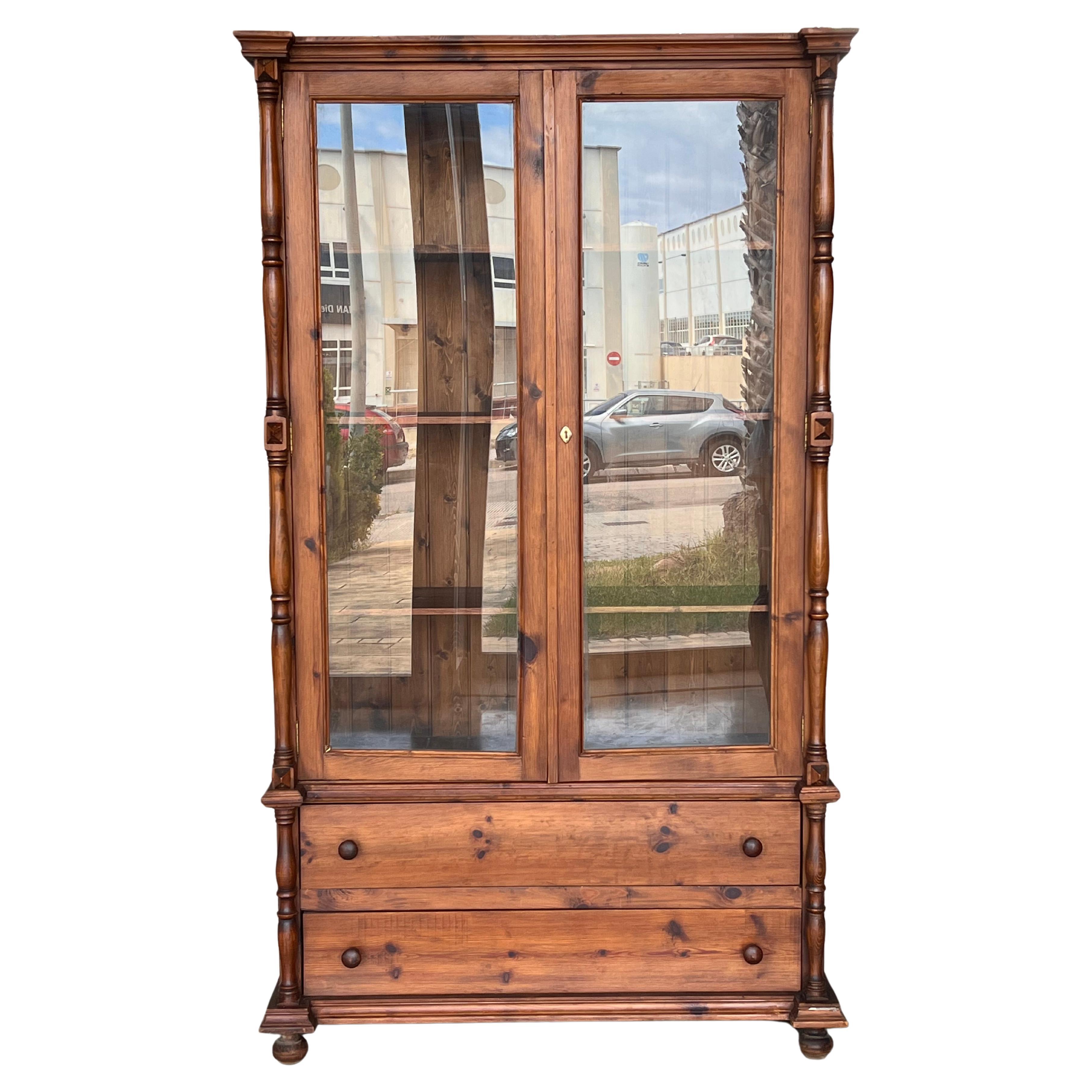 20th Century Large Cupboard or Bookcase with Glass Vitrine, Pine, Spain Restored For Sale