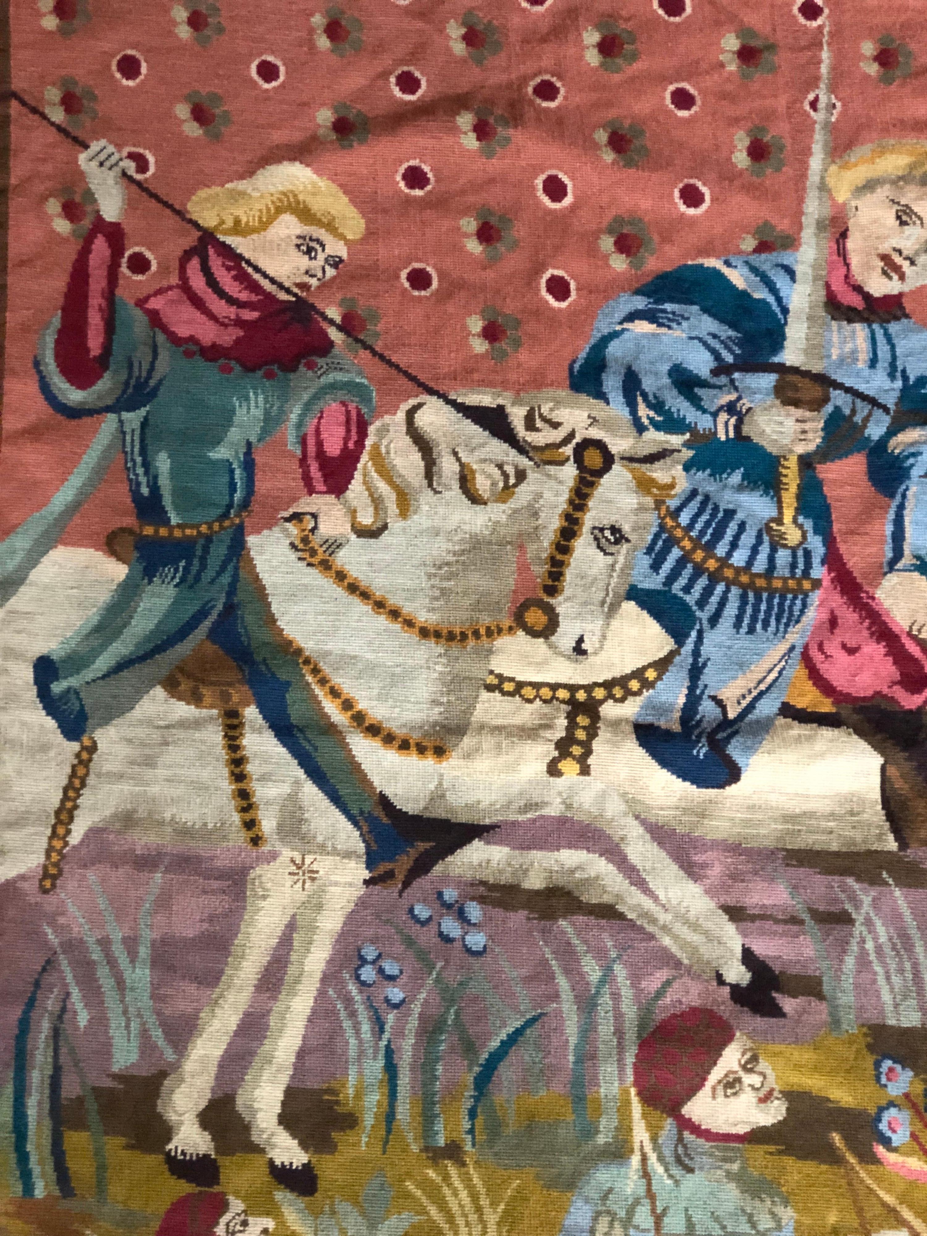 Large tapestry with hunting scene made of wool in neutral colors.
France, circa 1950.