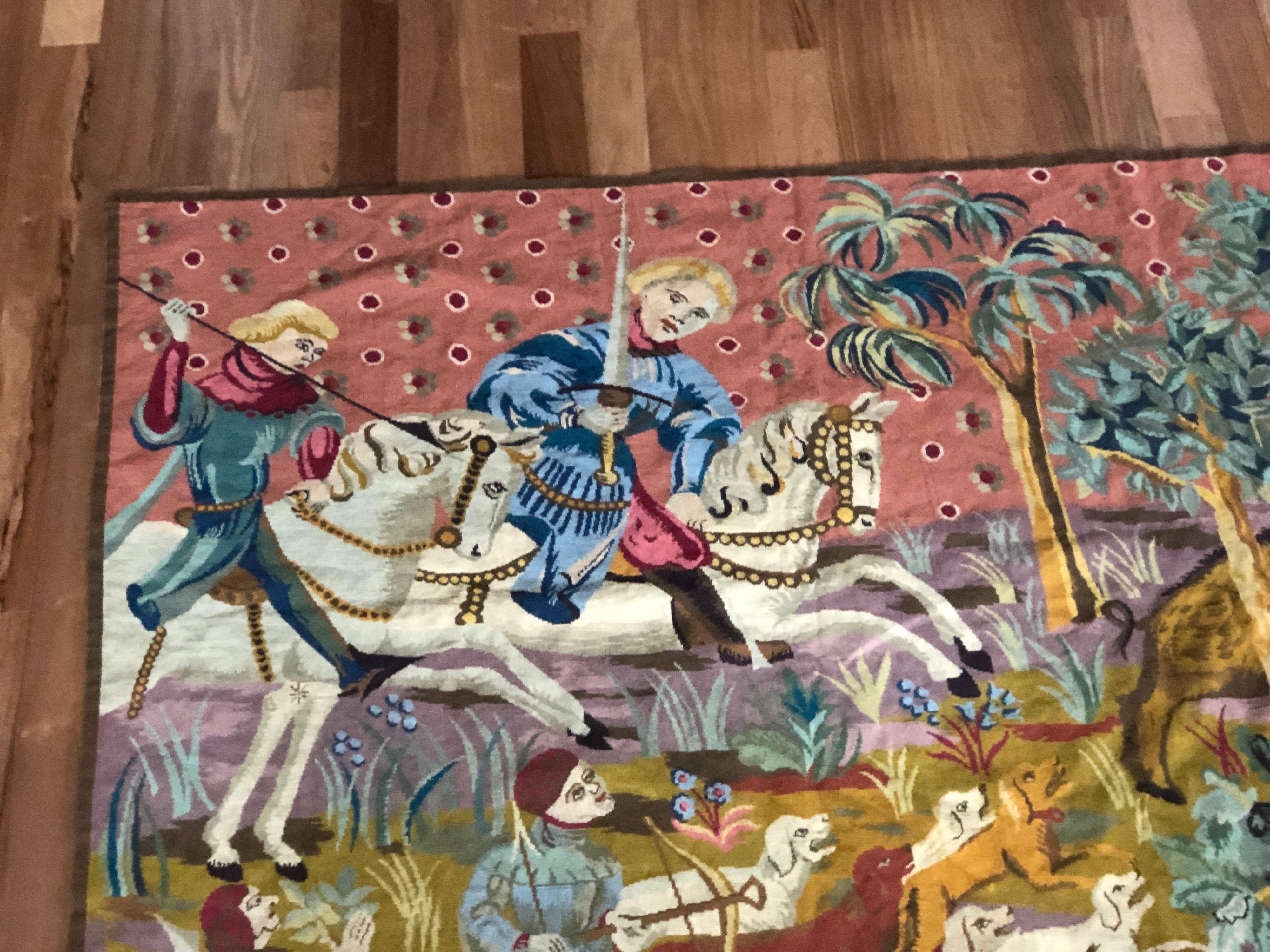 20th Century Large French Vintage Wool Tapestry with Hunting Scene In Good Condition In Sofia, BG