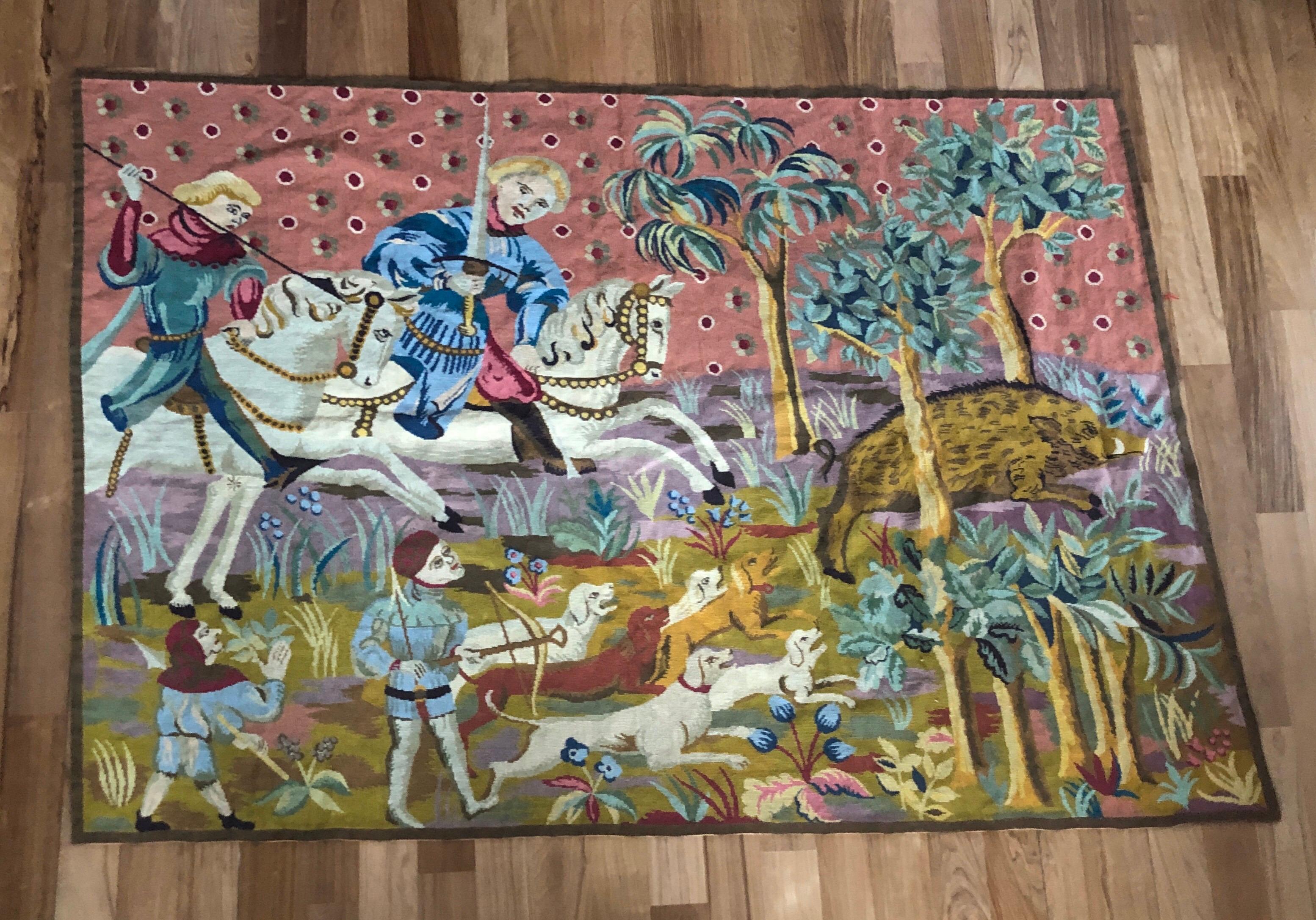 20th Century Large French Vintage Wool Tapestry with Hunting Scene 2