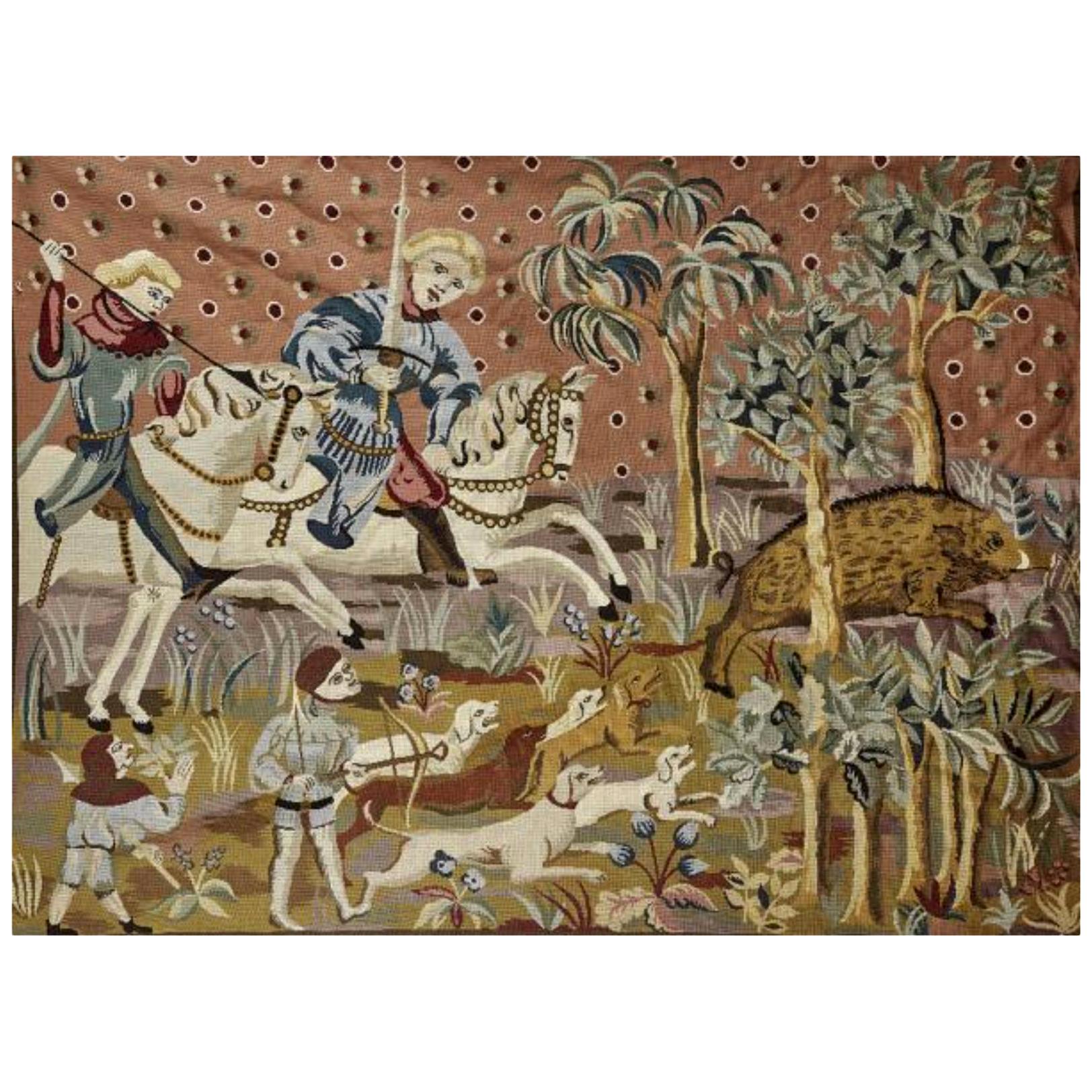 20th Century Large French Vintage Wool Tapestry with Hunting Scene