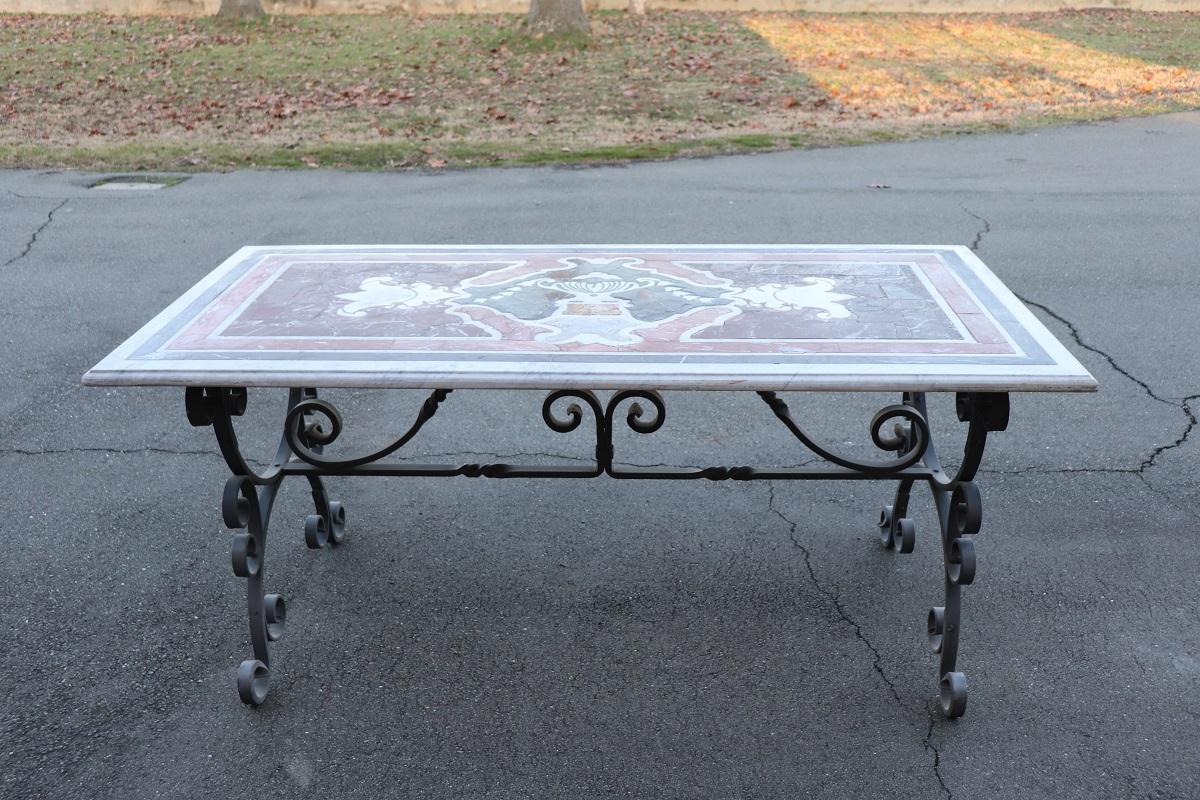 Italian 20th Century Large Garden Table in Iron and Marble Top For Sale