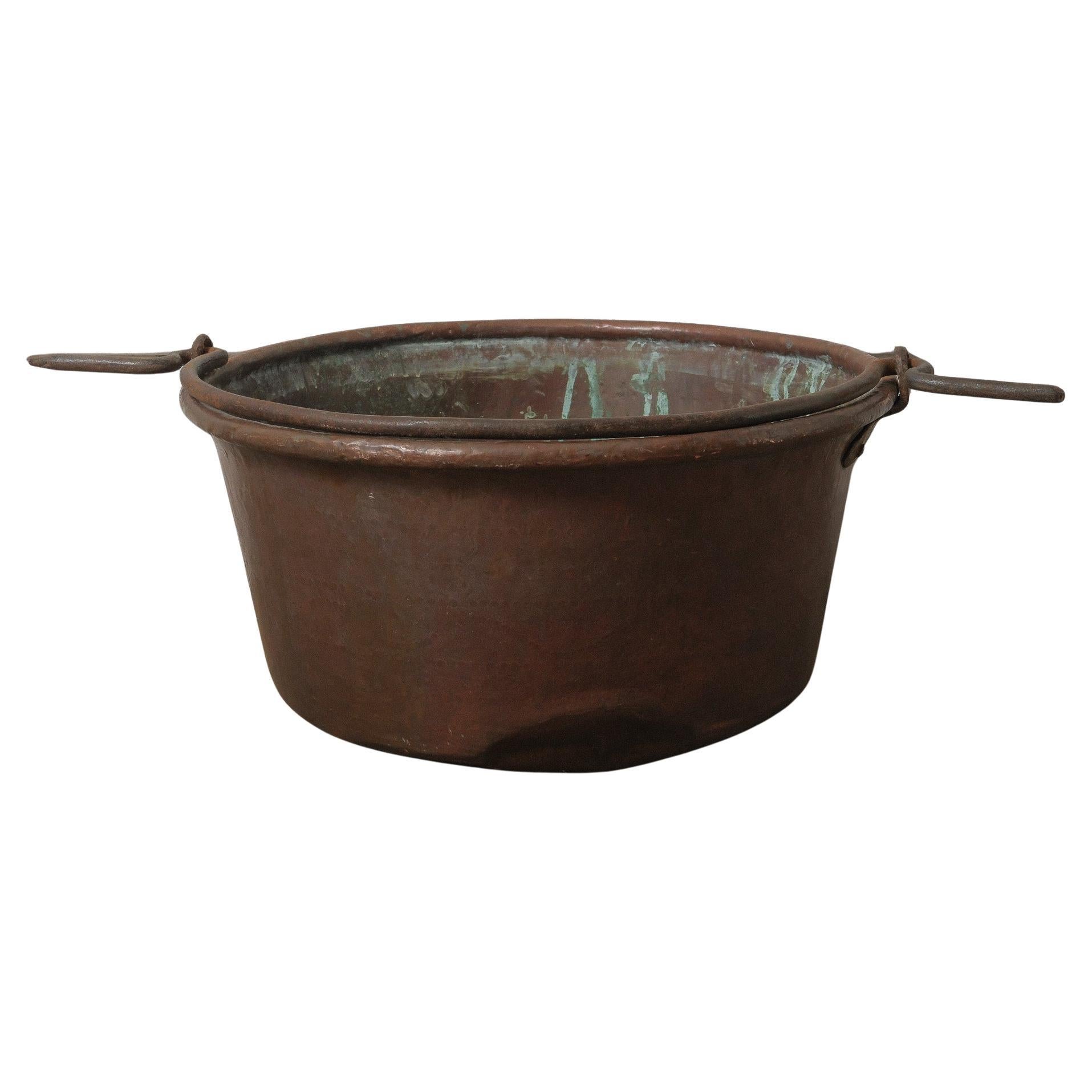 20th Century Large Hand-Forged Copper Pot with Extended Iron Handles
