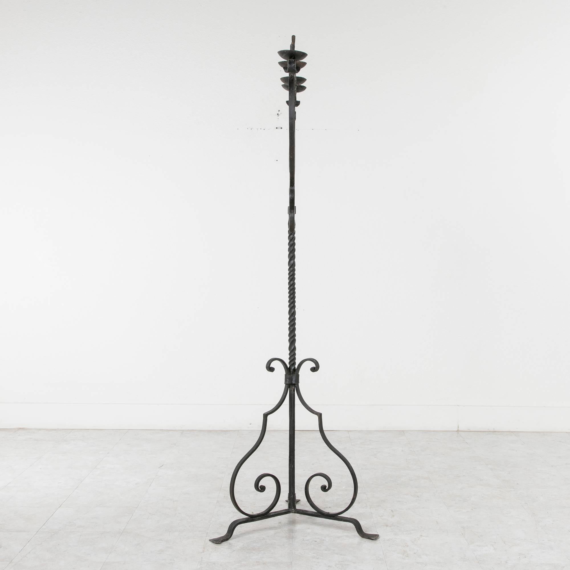 20th Century Large Hand Forged Iron Torchere with Fleur De Lys for Four Candles For Sale 4