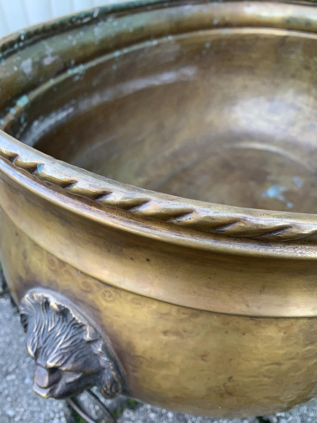 20th Century Large Hand-Hammered Brass Jardinière with Lion Head Pulls For Sale 5