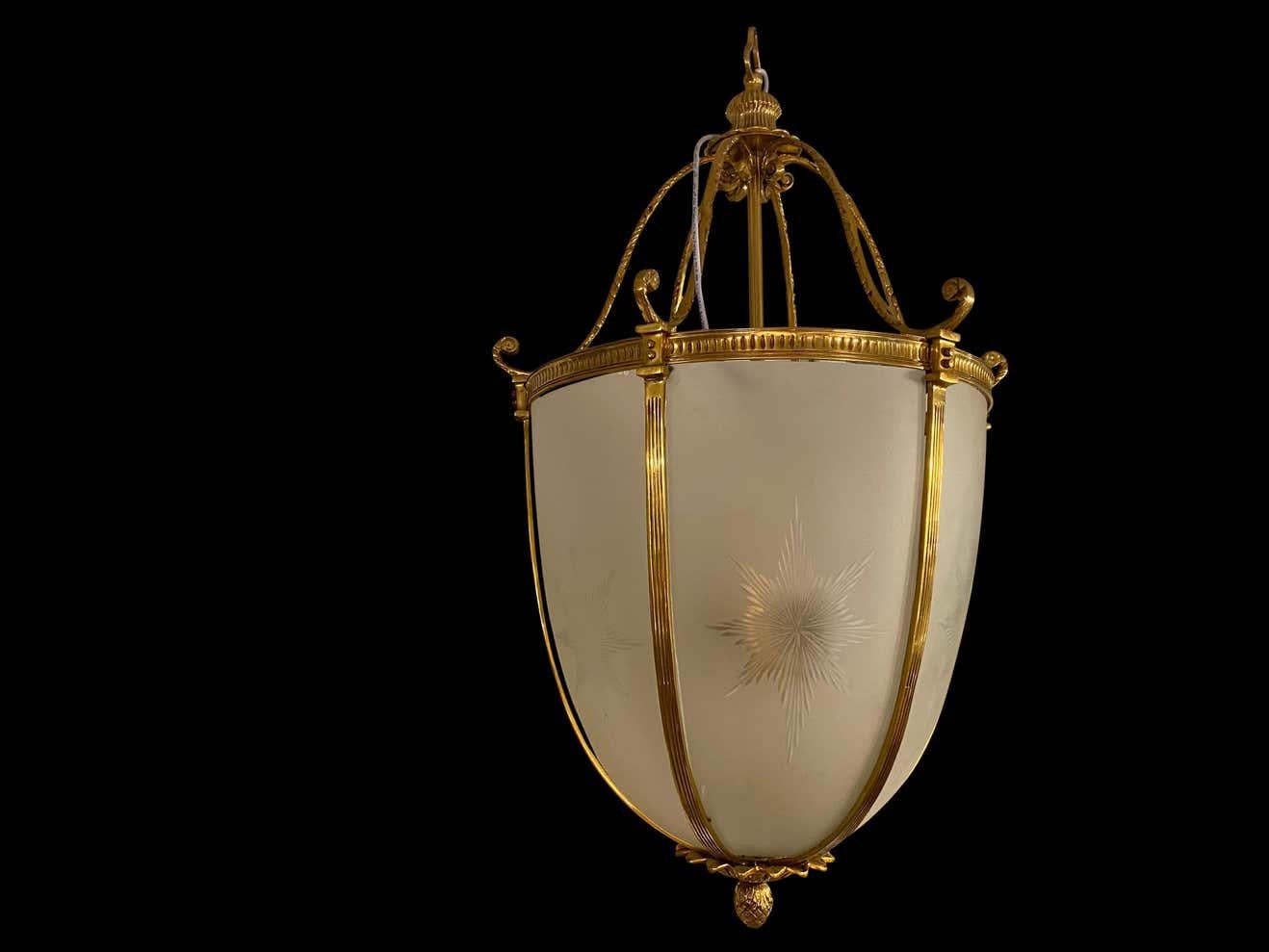 20th Century Large Hanging Frosted Glass and Ormolu Lantern For Sale 6