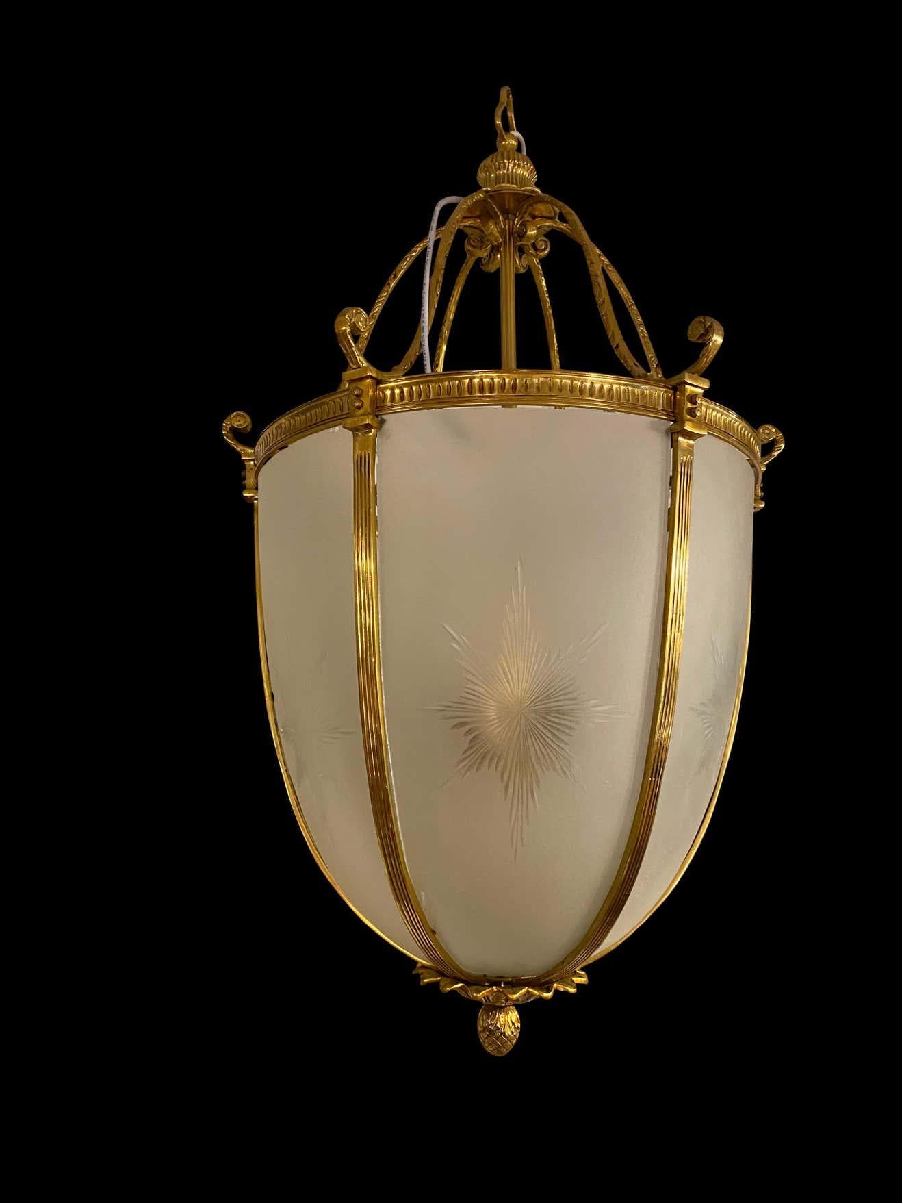 20th Century Large Hanging Frosted Glass and Ormolu Lantern For Sale 7
