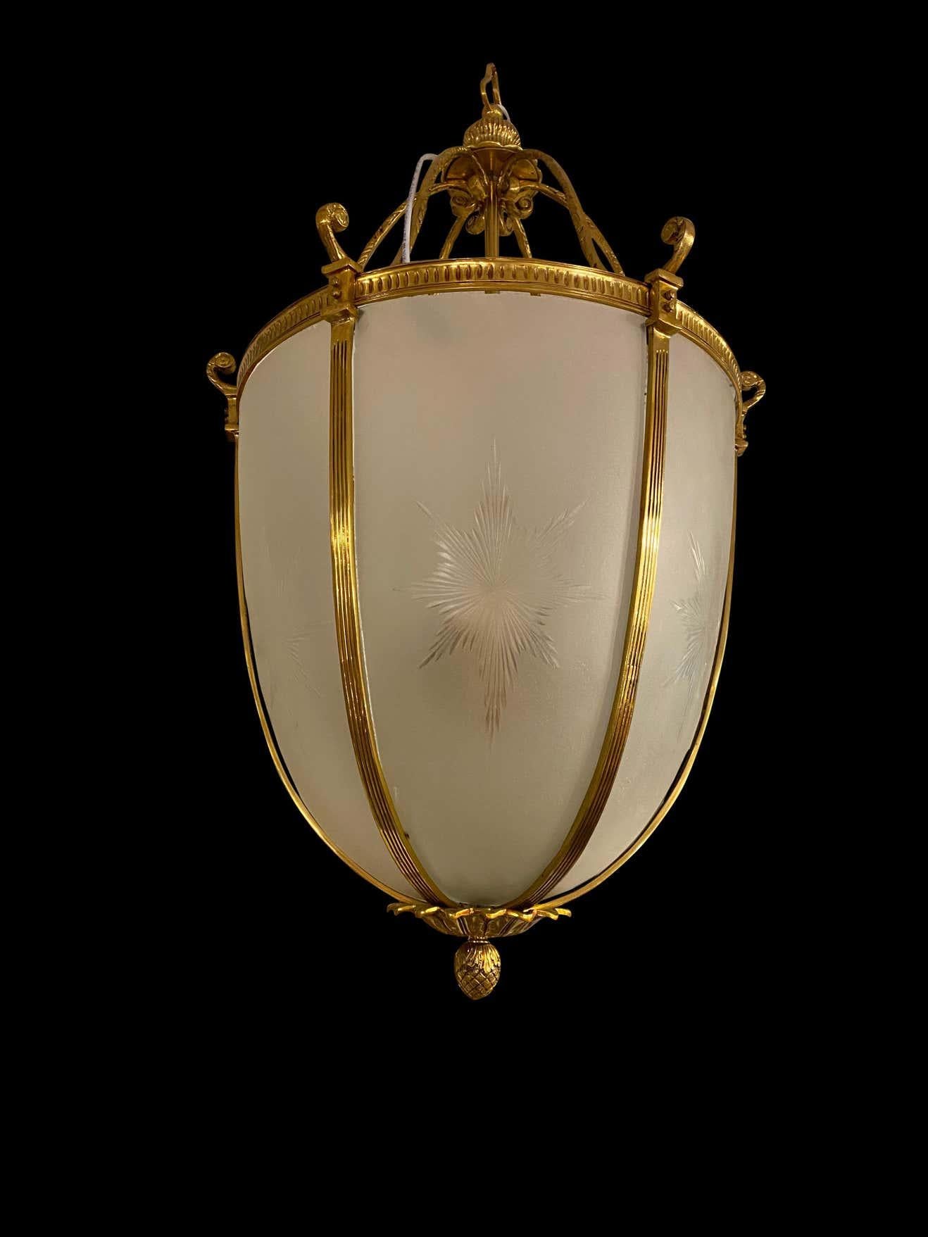 20th Century Large Hanging Frosted Glass and Ormolu Lantern For Sale 8