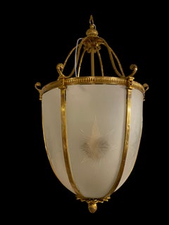 20th Century Large Hanging Frosted Glass and Ormolu Lantern