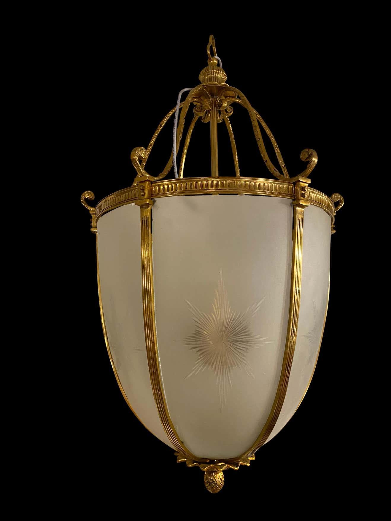 French 20th Century Large Hanging Frosted Glass and Ormolu Lantern For Sale