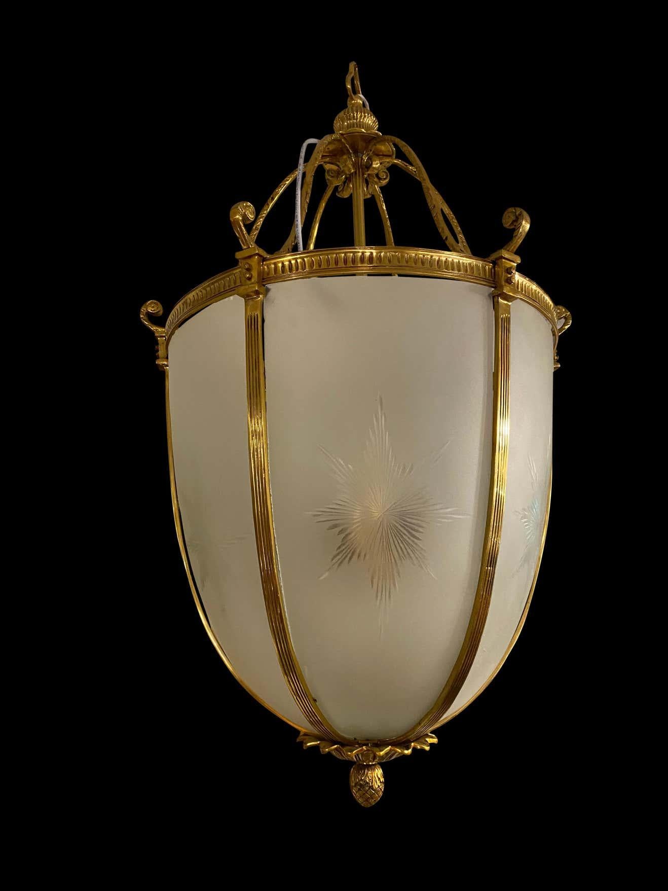 20th Century Large Hanging Frosted Glass and Ormolu Lantern In Good Condition For Sale In Southall, GB